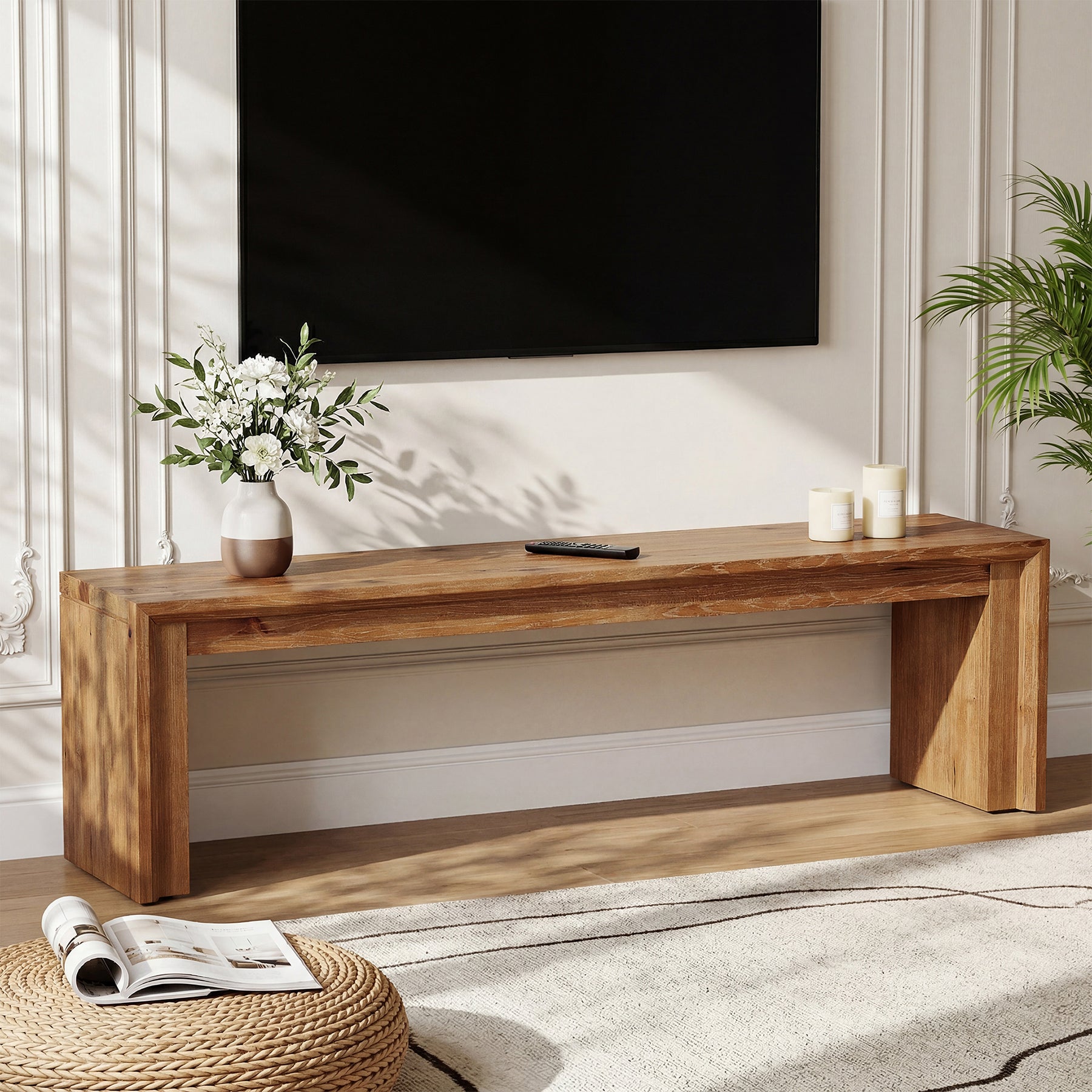 63" Solid Wood TV Stand for 65" TV, Farmhouse  Entertainment Center Low Media Console