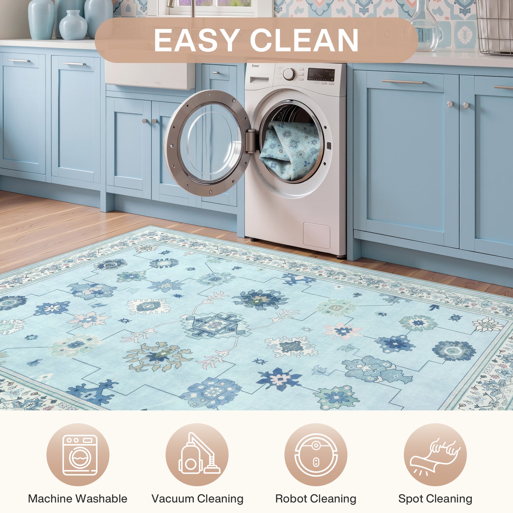 5x7/8x10/9x12 Boho Washable Area Rug, Farmhouse Vintage Ultra Thin Indoor Non-Slip Carpet for Living Room, Oeko-Tex Certified