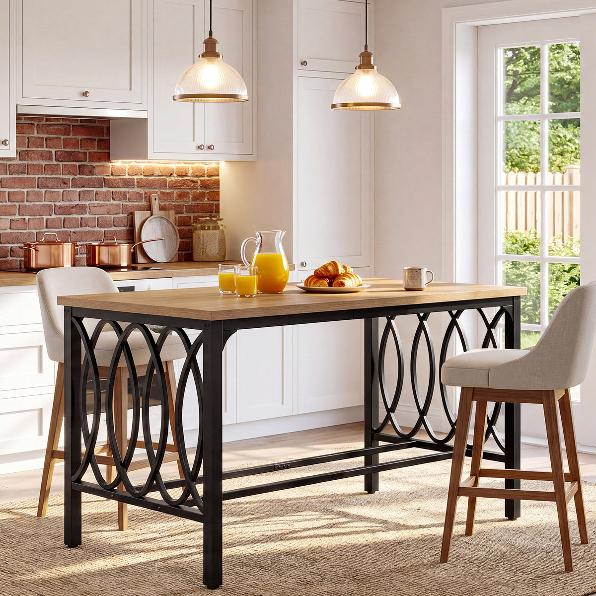 63" Industrial Bar Height Dining Table, Metal Footrest & Decorative Frame, Rectangular Pub Table(Only Table)