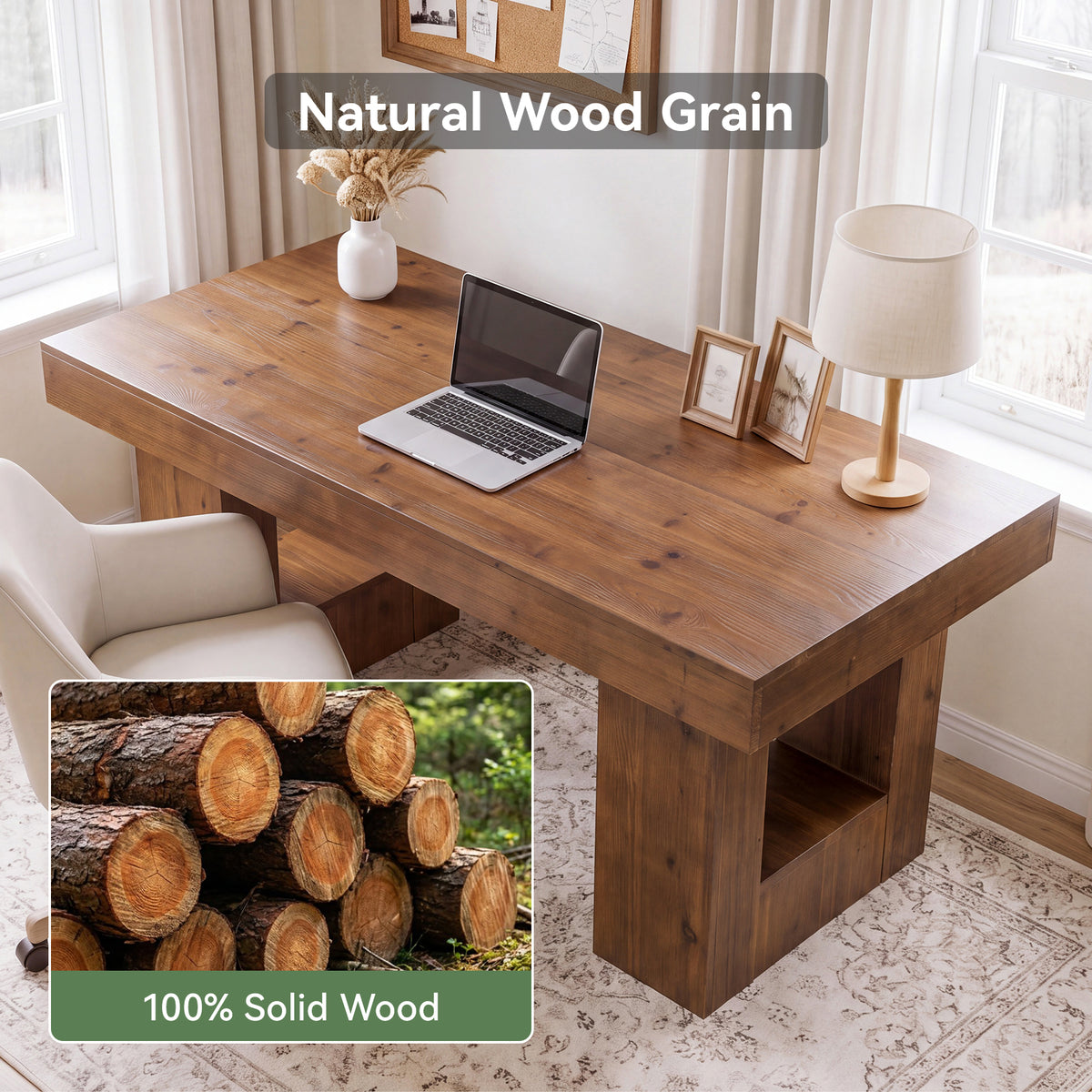63" Solid Wood Computer Desk, Rectangular Home Office Desk with Sturdy Pedestal Base