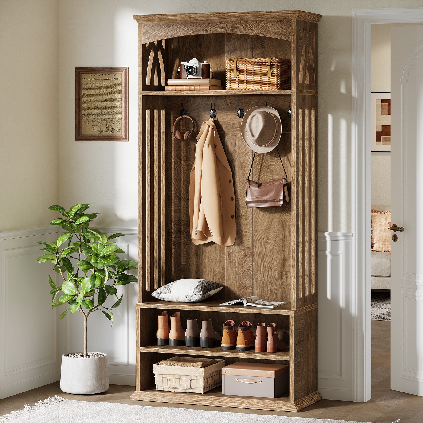71" Hall Tree, Tall Coat Rack with 5 Hooks and 2-Tier Shoe Storage