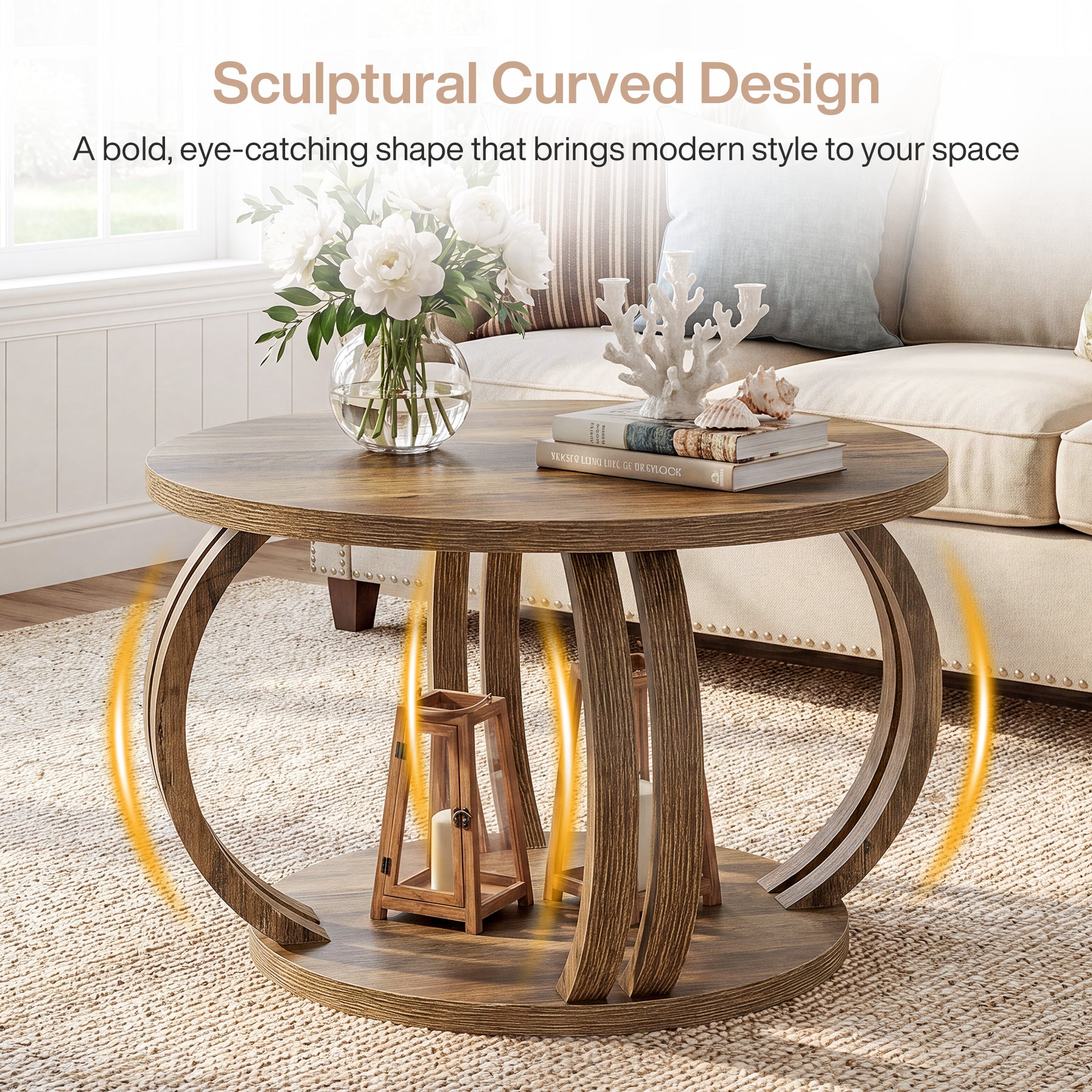 Round Coffee Table, 31.5" Center Table with 2-Tier Storage Shelf & Sculptural Curved Base