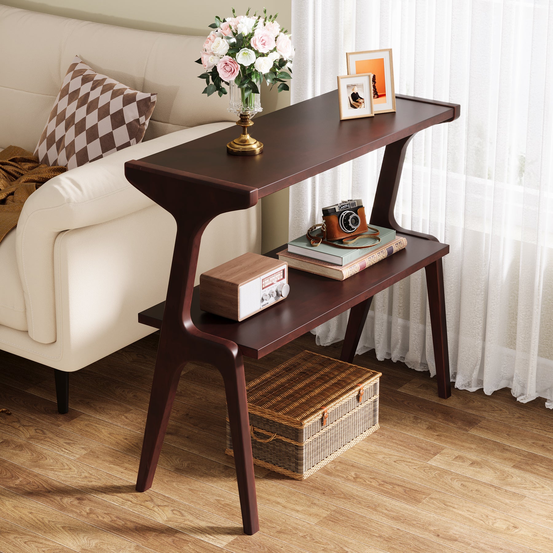 Solid Wood End Table, 2-Tier Sofa Side Table with Storage Shelf