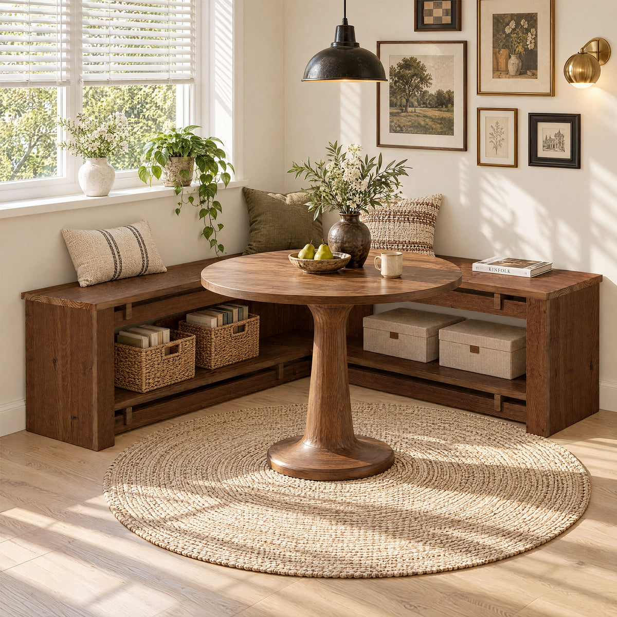 47" L-Shaped Corner Dining Bench, Rustic Solid Wood Breakfast Nook Bench with Shelf