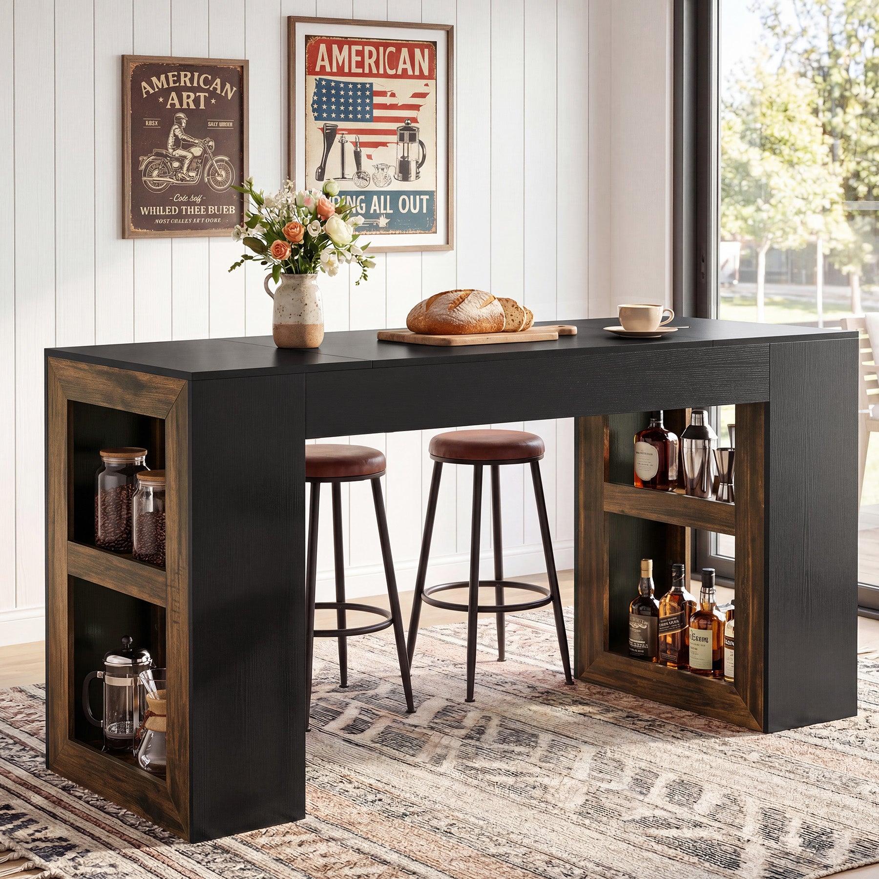 63" Counter Height Bar Table with Storage Shelves, Industrial Pub Table for Kitchen, Dining Room & Home Bar