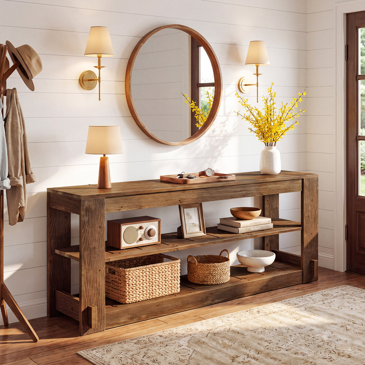 63" Solid Wood Console Table, Farmhouse Sofa Entryway Table with 3-Tier Storage Shelves