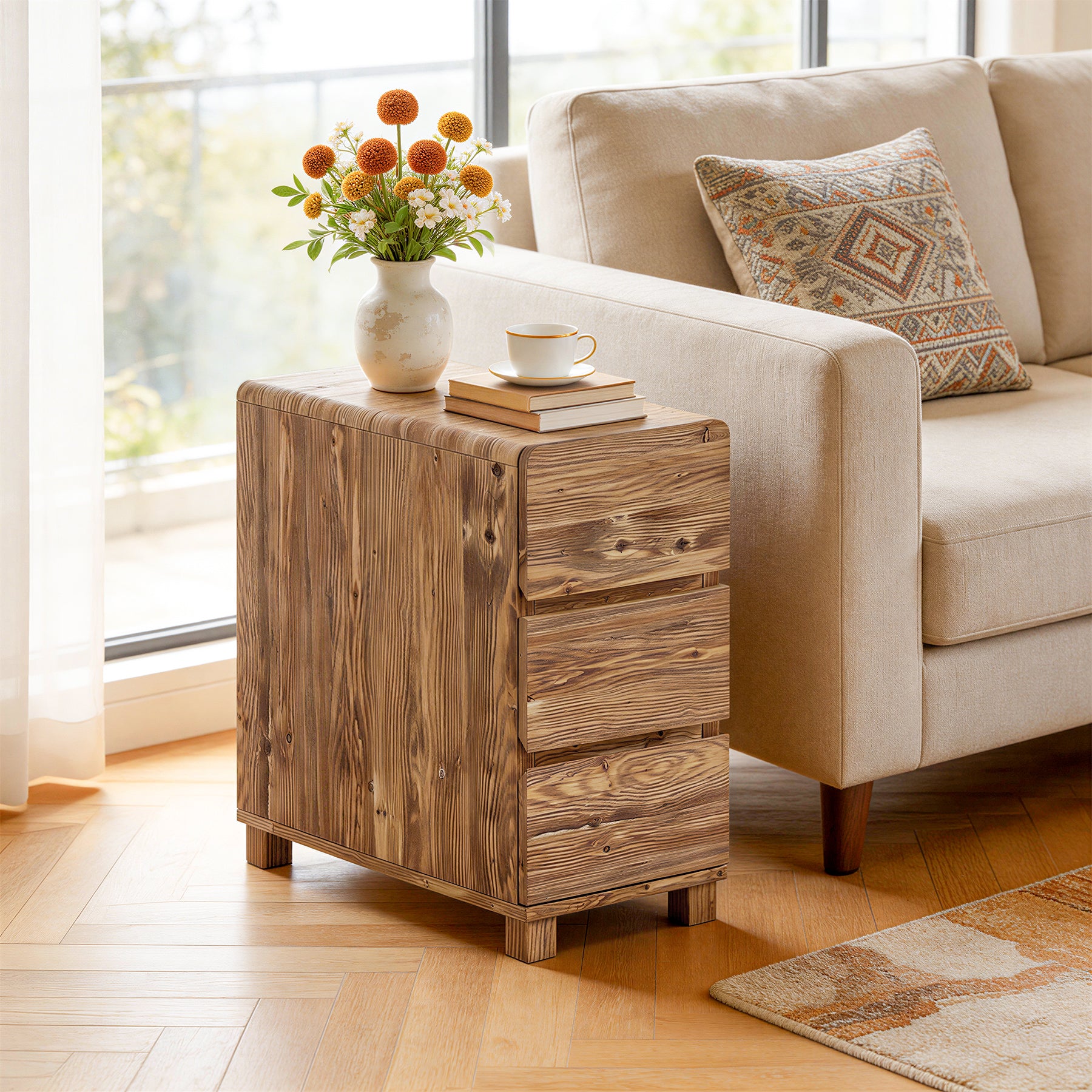 Tribesigns 3-Drawer Side Table, Solid Wood End Table for Living Room