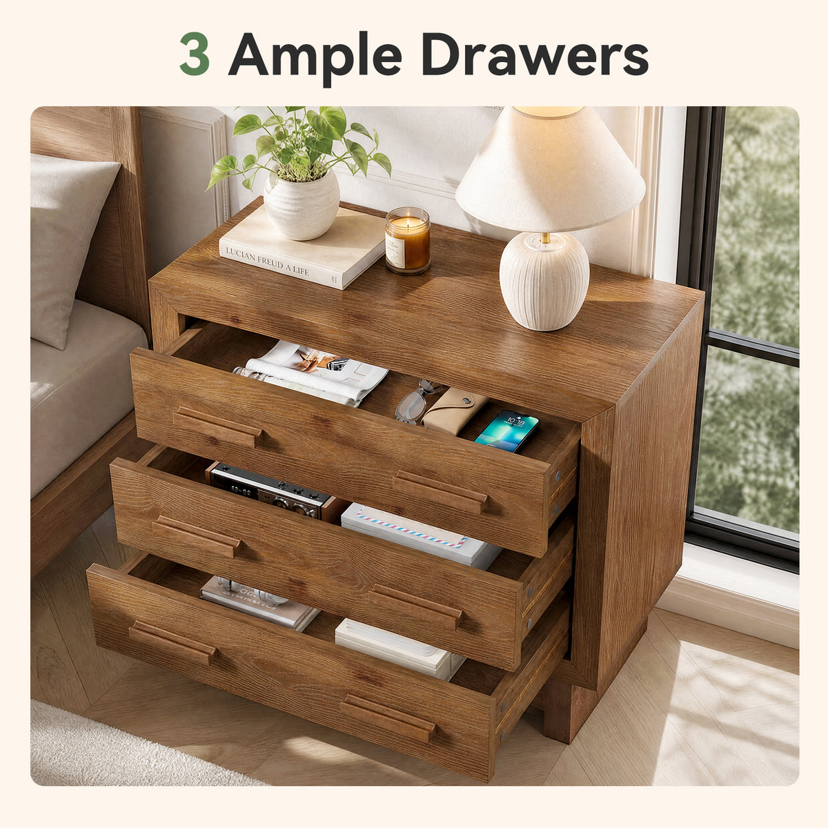 31.5” Solid Wood Nightstand, Oversized Bedside Table with 3 Large Drawers for Bedroom