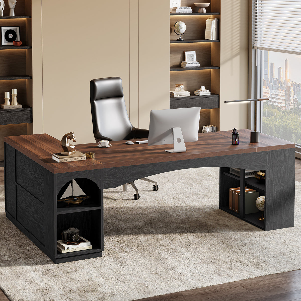 87" L-Shaped Executive Desk, 3 Drawers & Storage Cabinet, Modern Home Office Desk