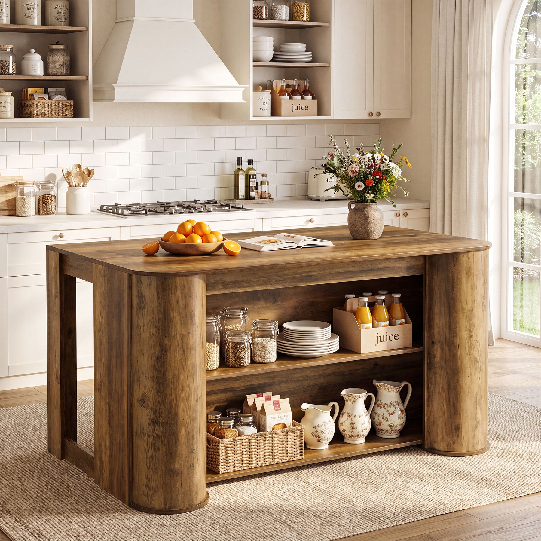 55" Kitchen Island, Farmhouse Stationary Island Table with 2-Tier Storage Shelves
