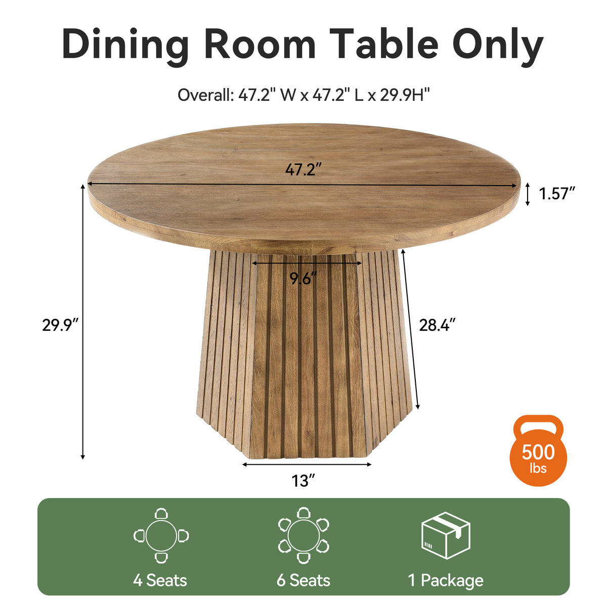 47" Farmhouse Solid Wood Dining Table for 4, Pedestal Base Kitchen Table
