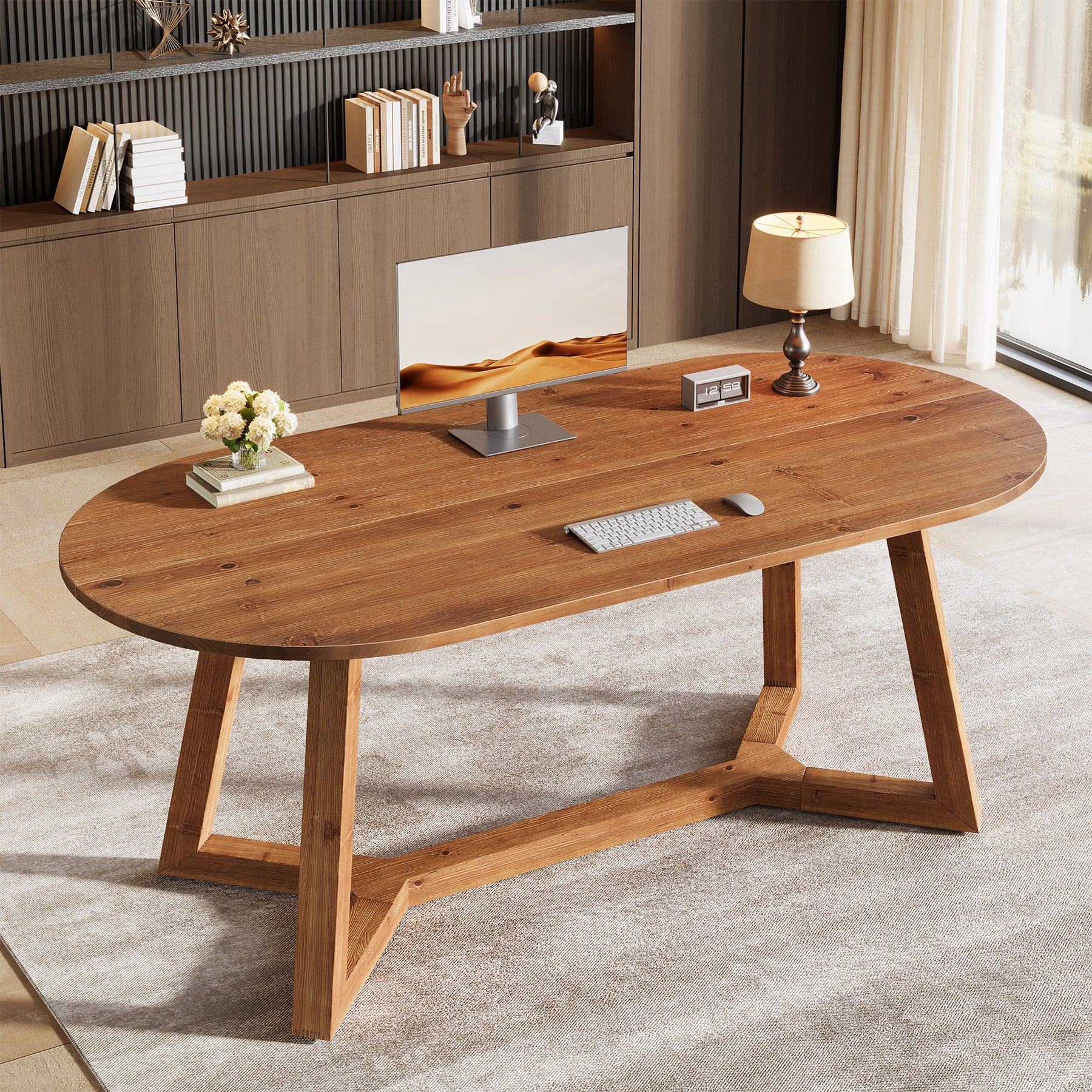 Solid Wood Computer Desk, 63" Oval Executive Desk with Sturdy Tapered Legs
