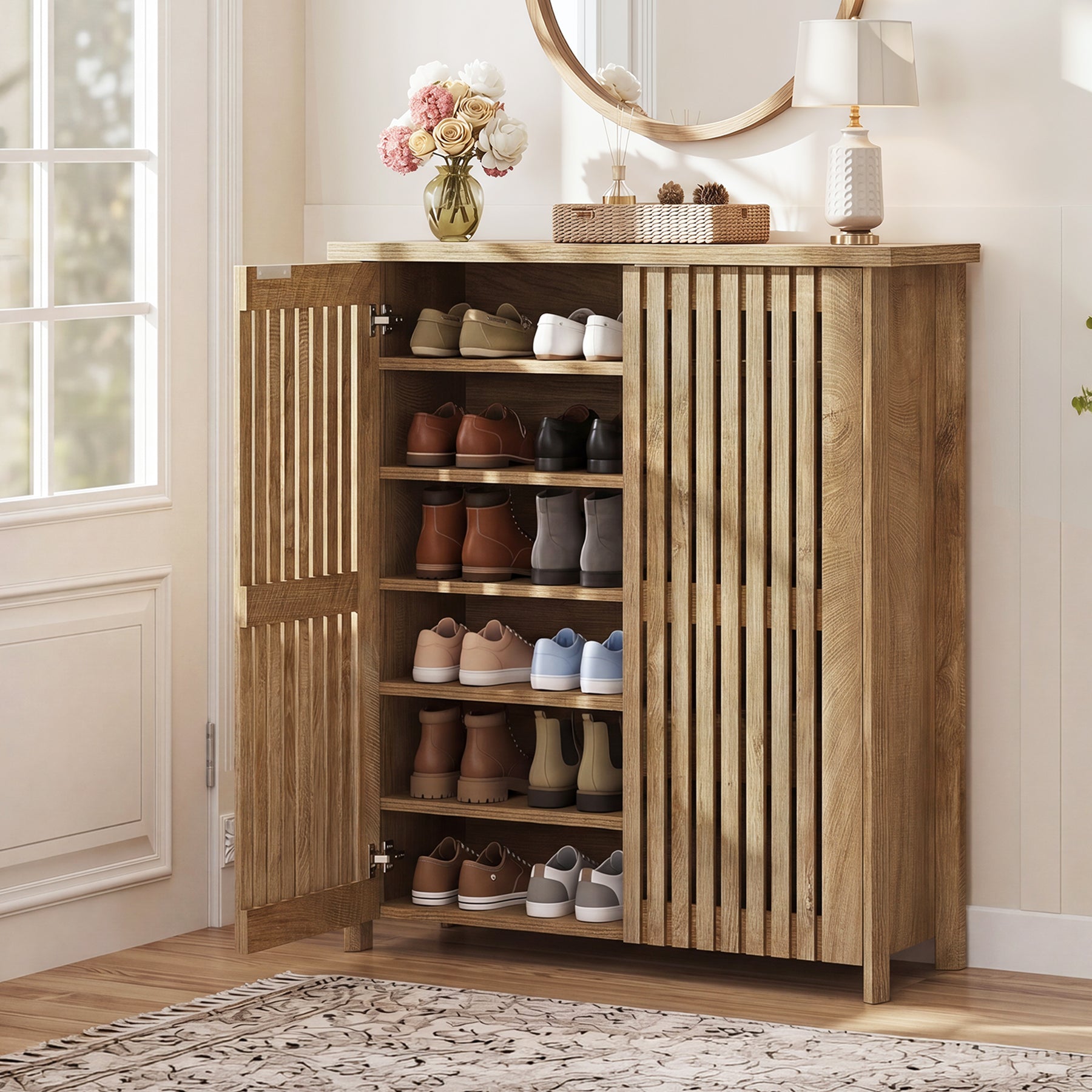 6-Tier Shoe Cabinet, Farmhouse Shoe Storage Organizer with 2 Louvered Doors