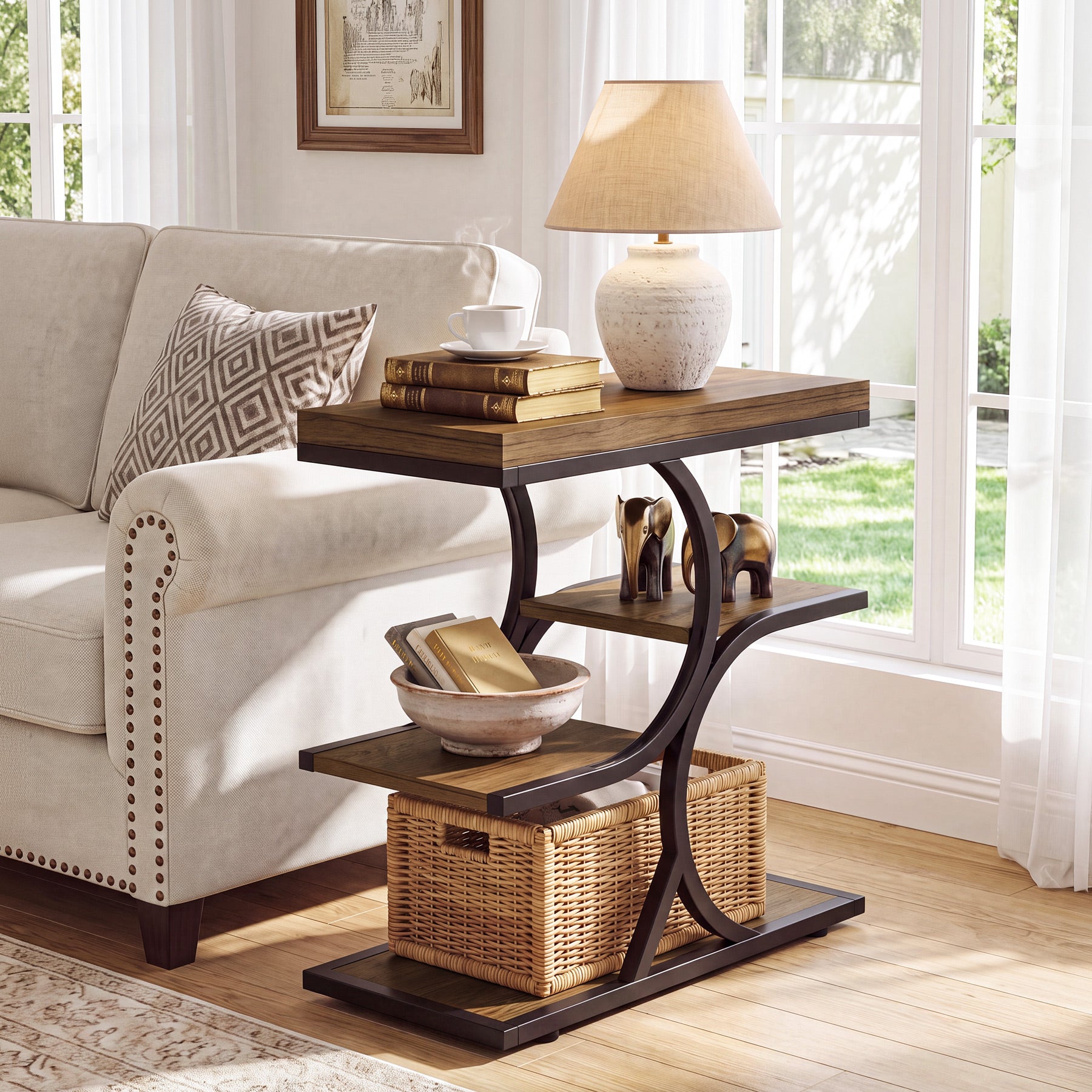 23.62" End Table with 4-Tier Shelf, Narrow Side Table with Metal Frame for Small Spaces