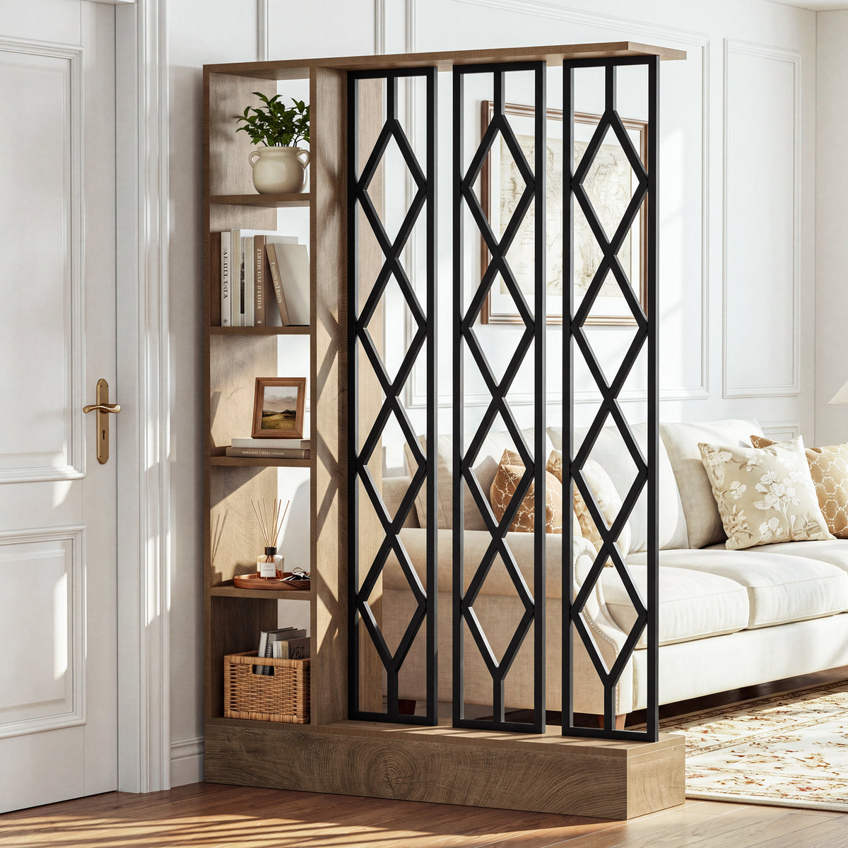 70.87" Tall Wall Room Divider, Freestanding Wall Partition with 5-Tier Storage Shelves