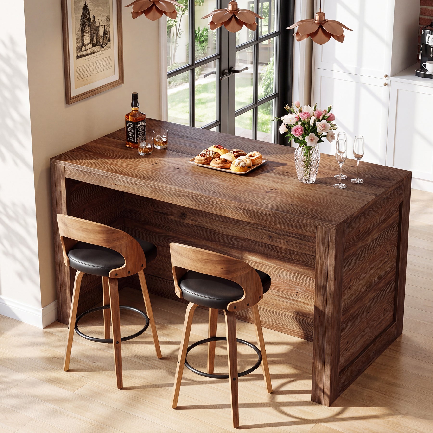 55" Solid Wood Kitchen Island, Farmhouse Stationary Table with 2-Tier Storage for Kitchen