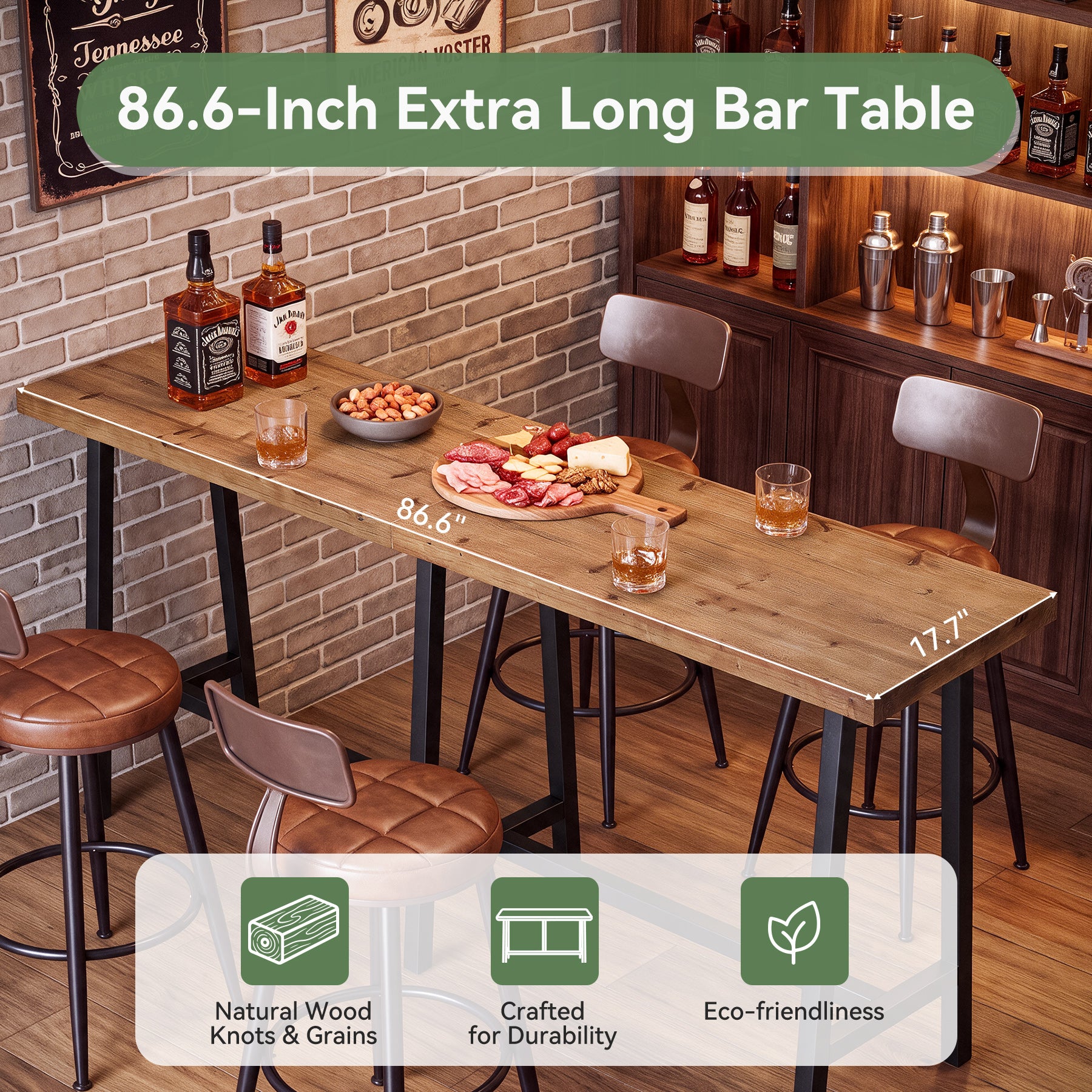 86" Extra Long Industrial Bar Table, Counter Height Solid Wood Pub Table, Narrow High Top