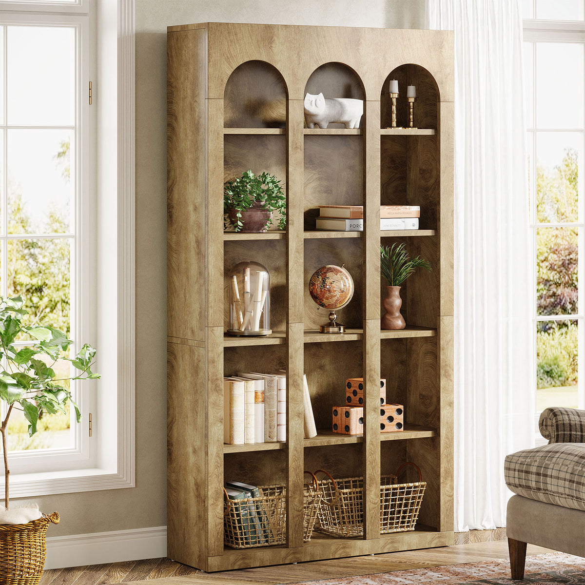70.8" Wood Bookshelf, 5-Tier Rustic Bookcase Display Storage Shelving Unit