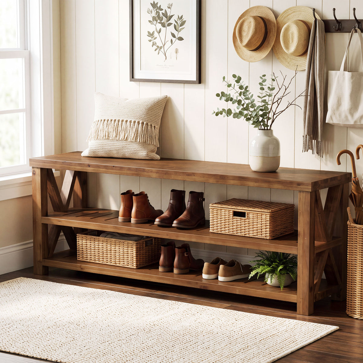 55" Solid Wood Entryway Bench, Farmhouse Shoe Bench with 3-Tier Storage for Living Room, Hallway