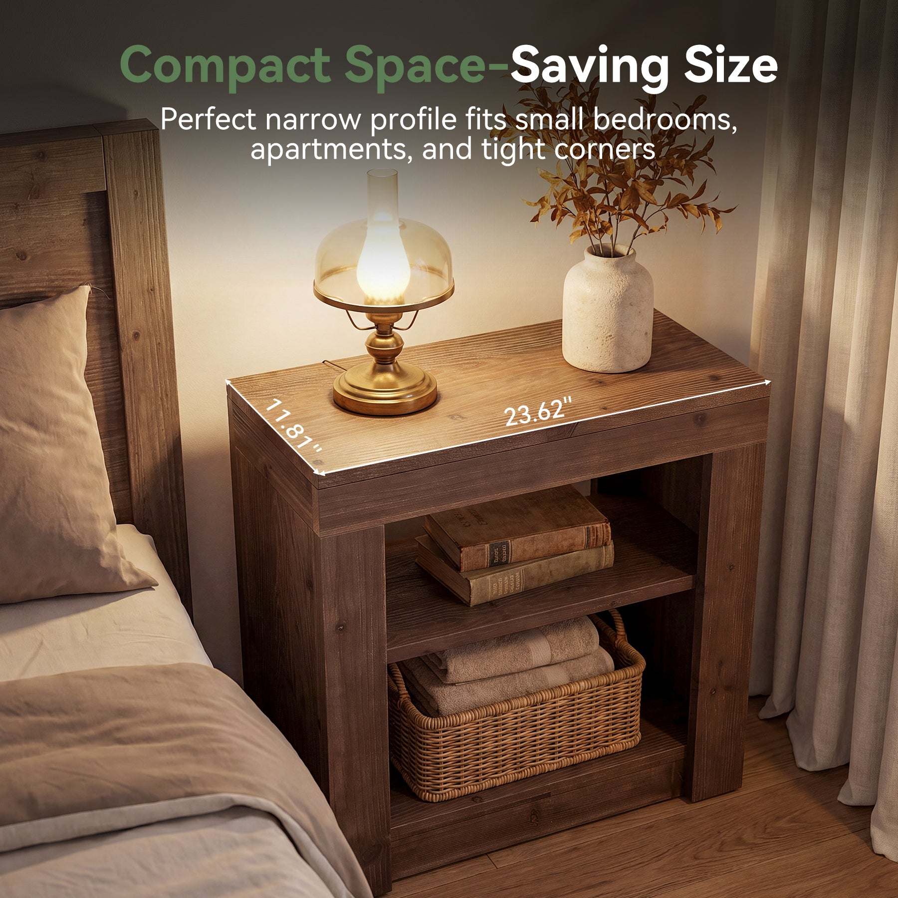 23.62" Solid Wood Nightstand, Rectangle Bedside Table with Storage Shelf for Bedroom