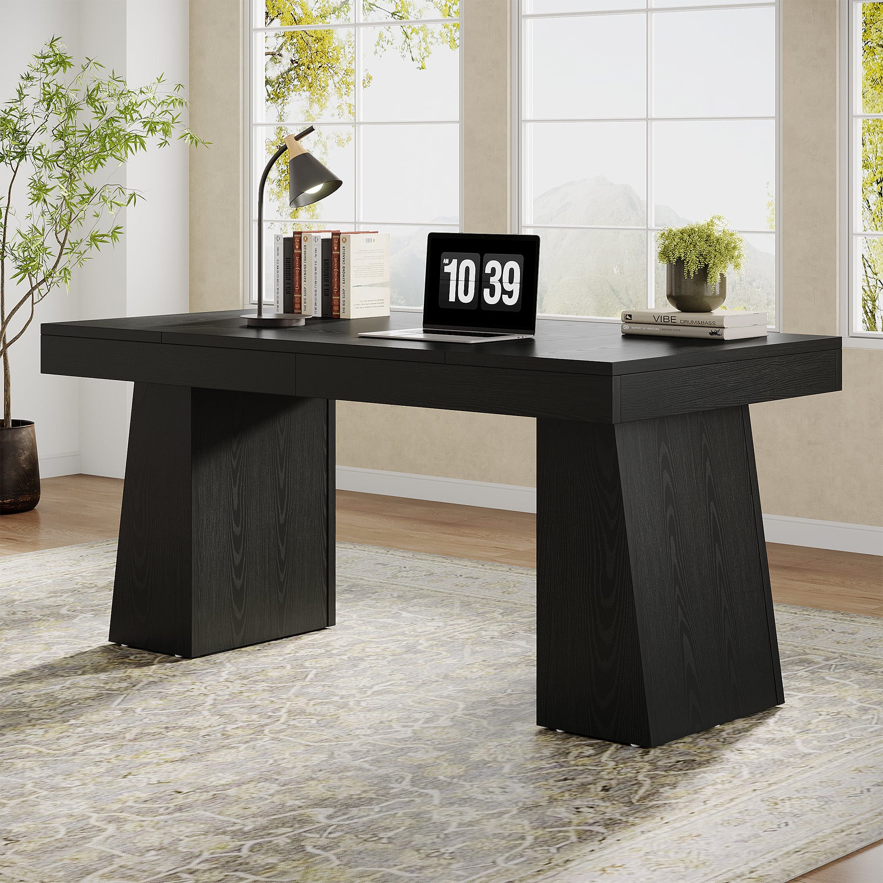 55" Executive Office Desk with Double Trapezoid Base, Modern Wooden Computer Desk for Home Office#Color_Black
