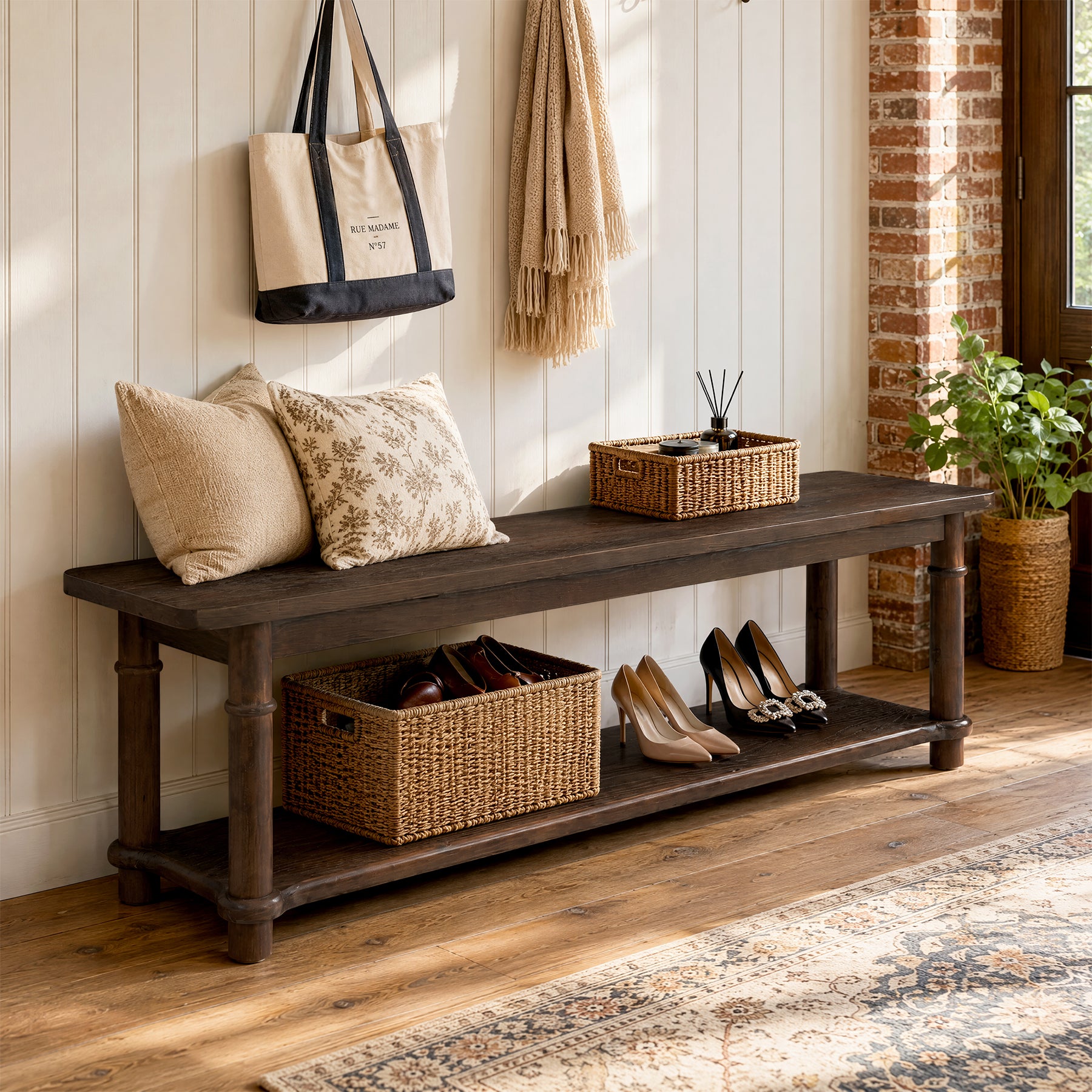 55" Farmhouse Entryway Bench with Open Shelf, 2-Tier Solid Wood Shoe Bench, Hallway