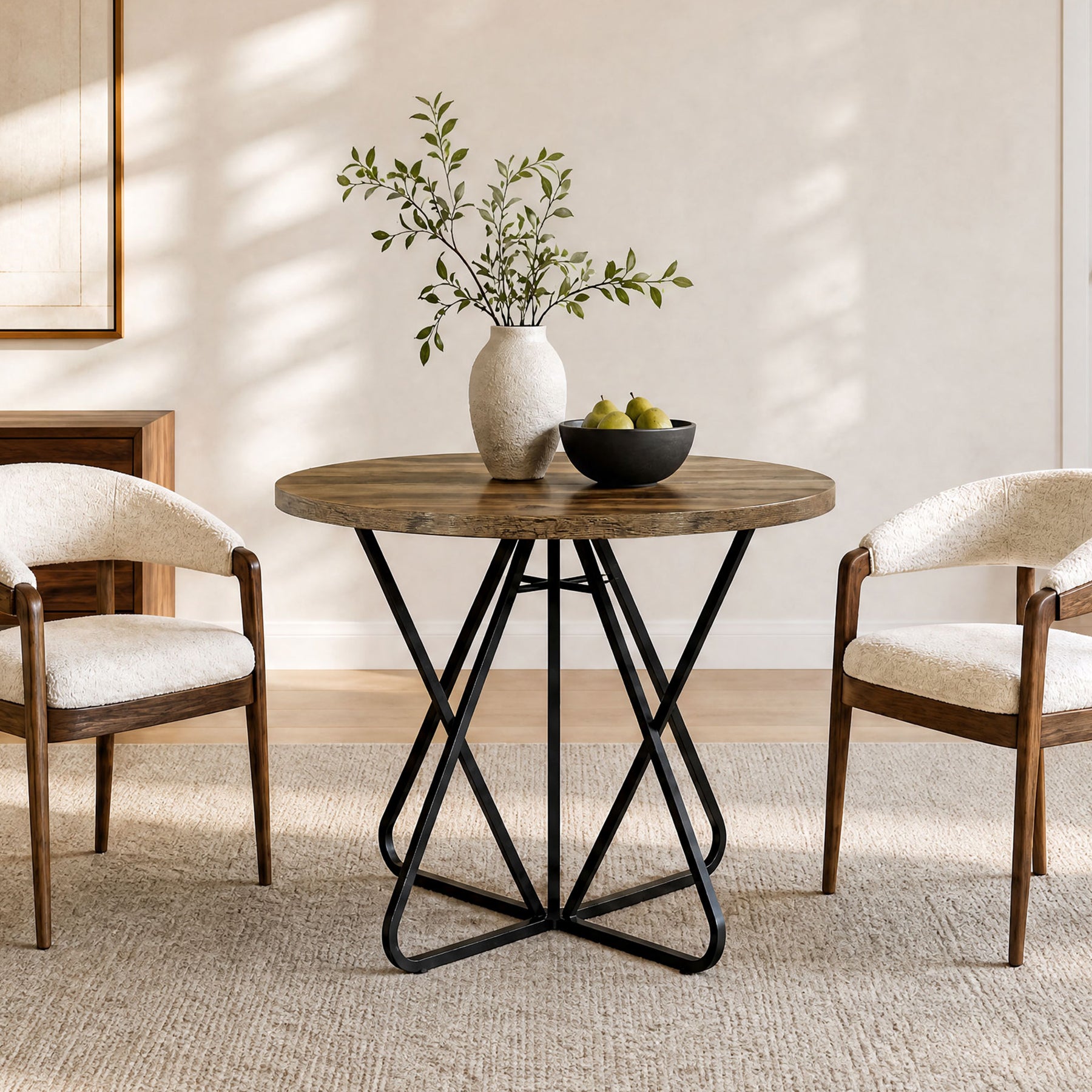 31.5" Round Dining Table, Small Farmhouse Kitchen Table with Geometric Frame for 2-4