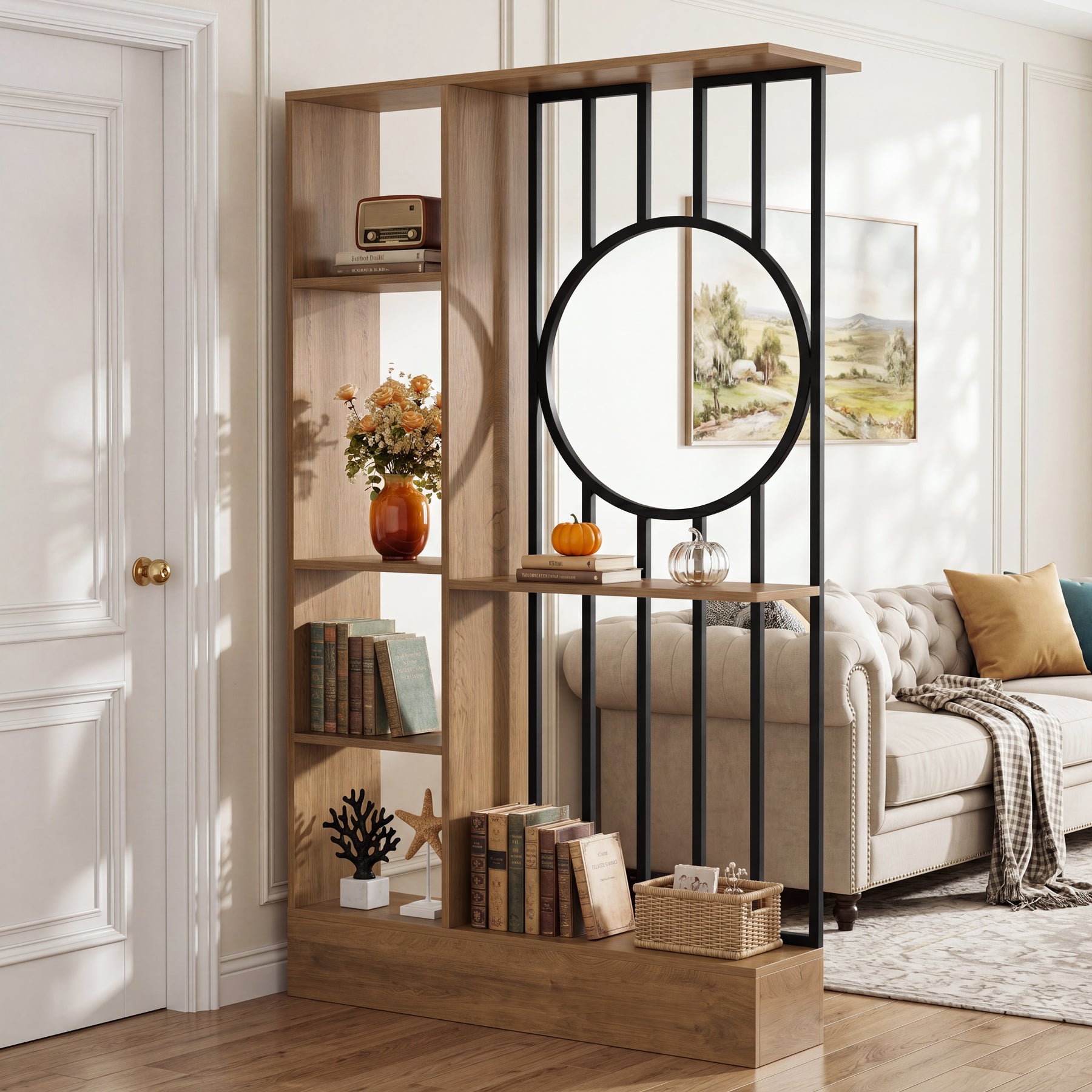 70.8" Wall Room Divider, Free-Standing Room Partition with Shelves