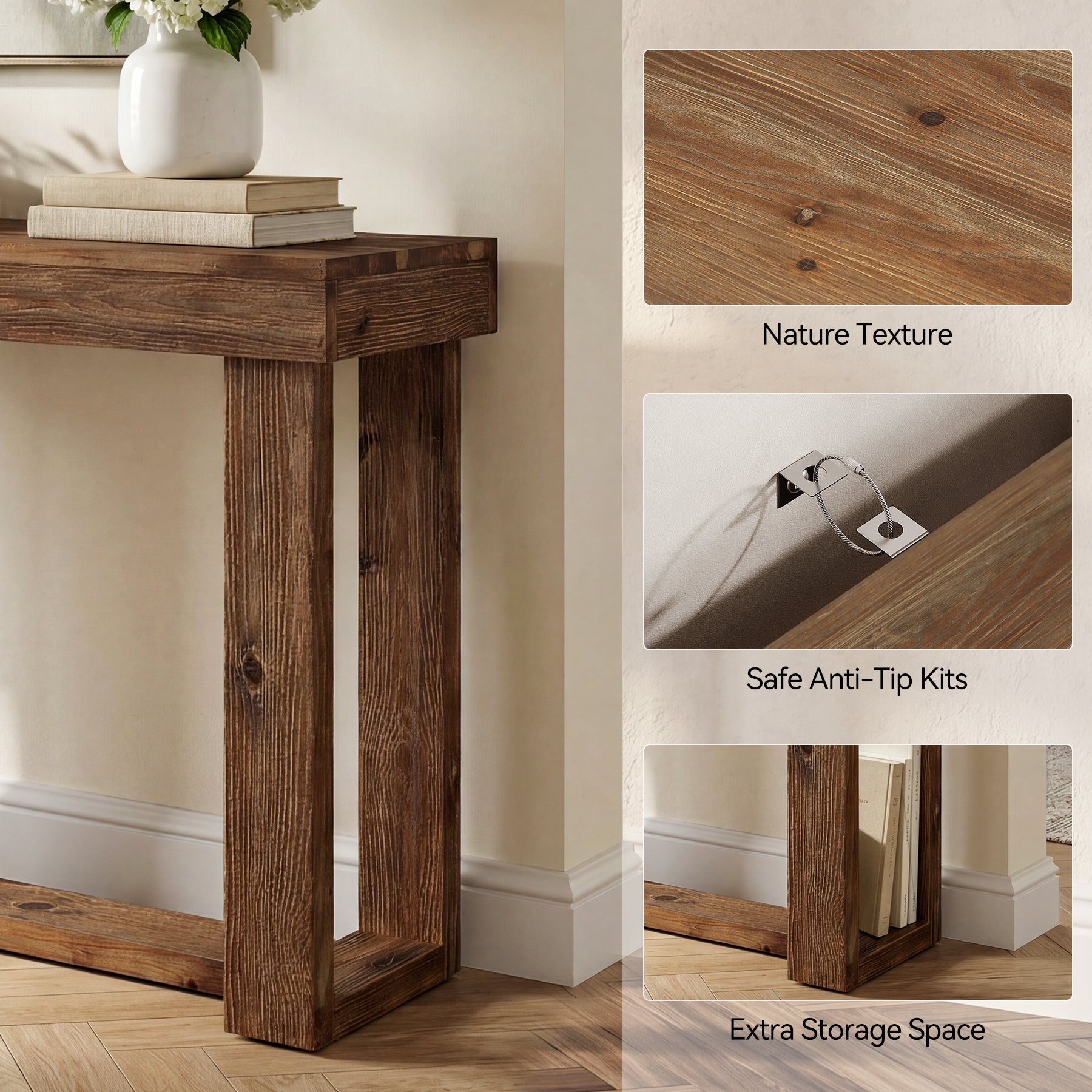 63" Solid Wood Console Table, Farmhouse Sofa Entryway Table for Living Room
