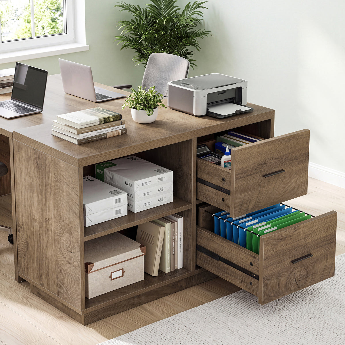 70" L-Shaped Office Desk with File Cabinet, 2 Drawers & 2 Storage Cubes, Home Office