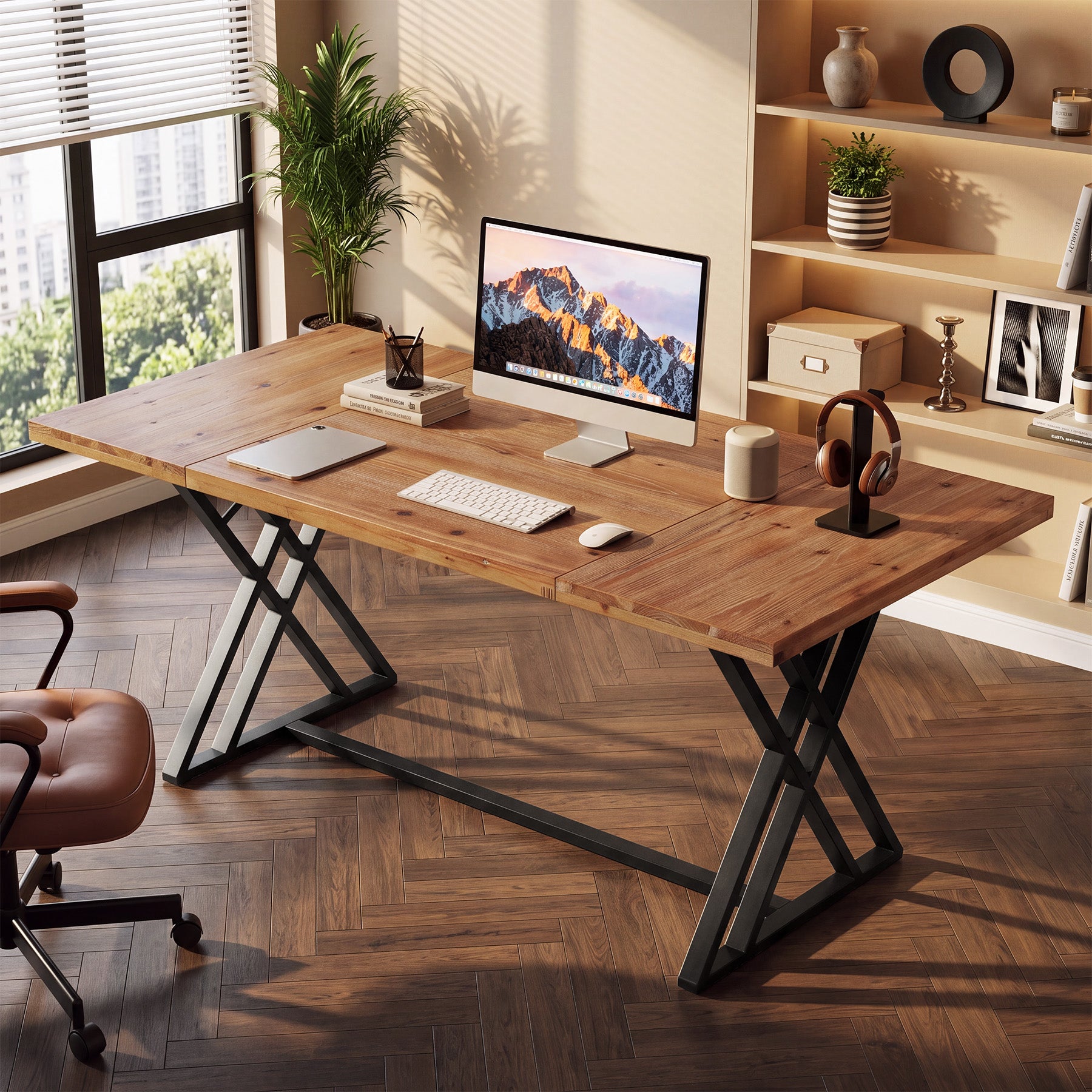 63" Solid Wood Computer Desk, Farmhouse Home Office Table with X-Shaped Metal Frame