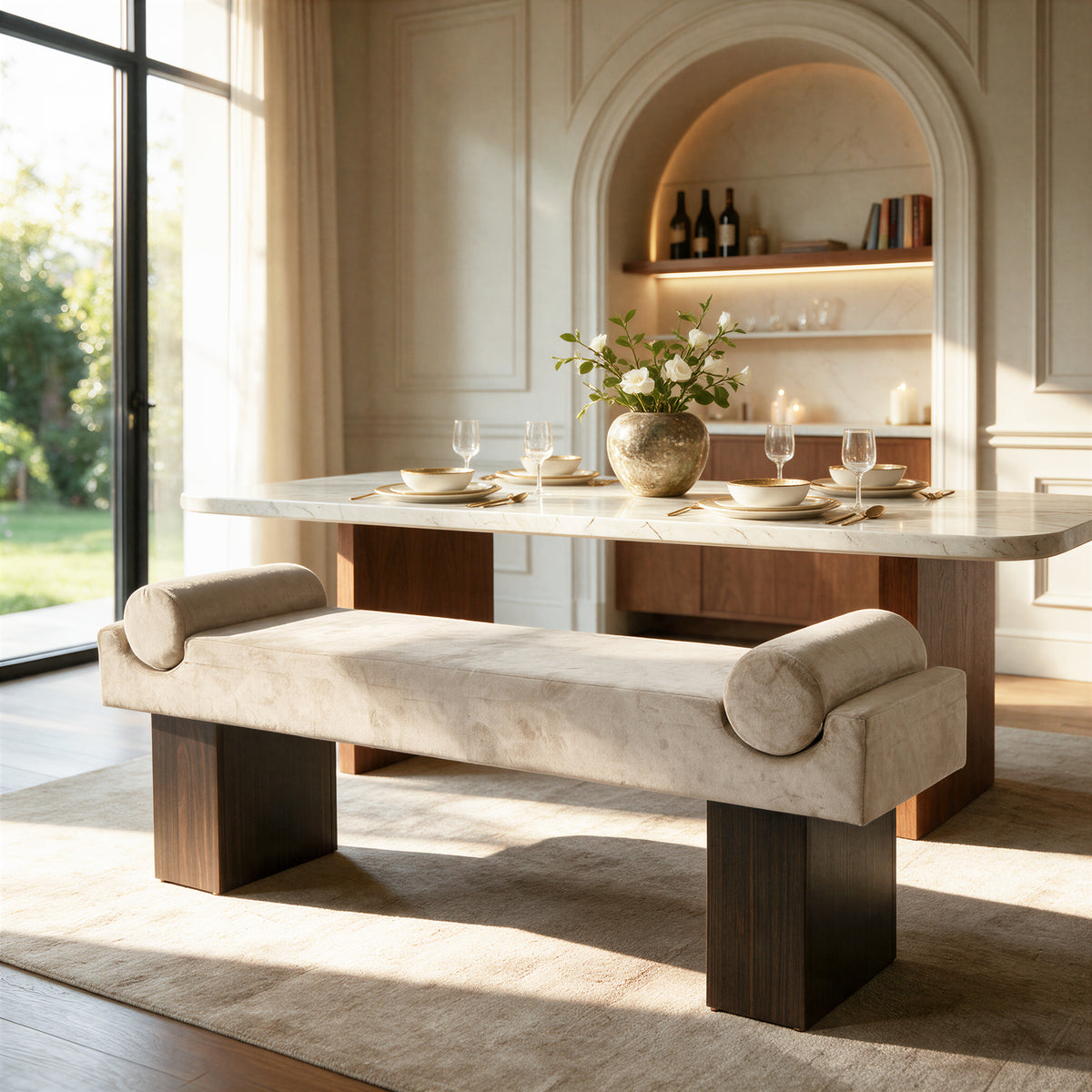 55.3" Upholstered Dining Bench, Modern Kitchen Bench with Roll Arms