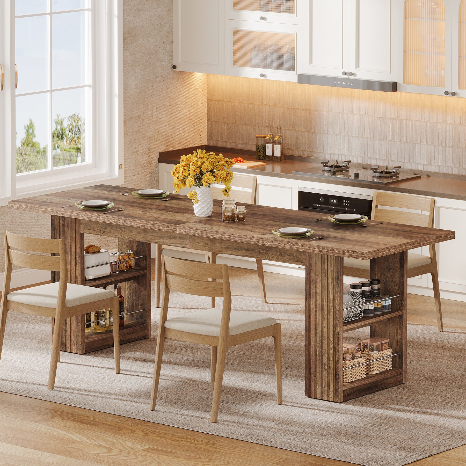 79” Farmhouse Dining Table, Large Kitchen Table with Storage Shelves for Dining Room & Kitchen