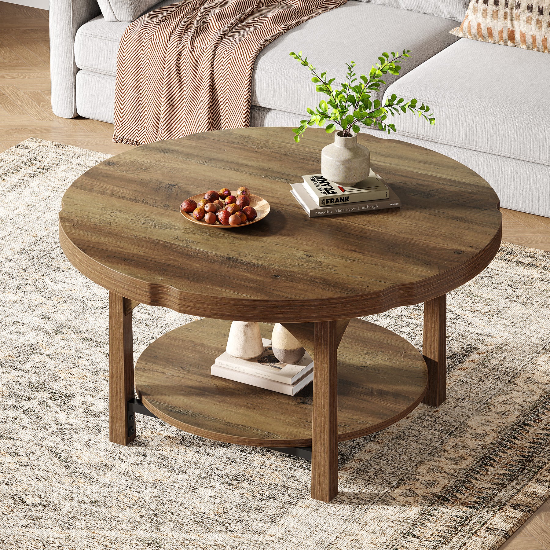 33.46" Round Coffee Table, 2-Tier Farmhouse Center Table with Storage Shelf