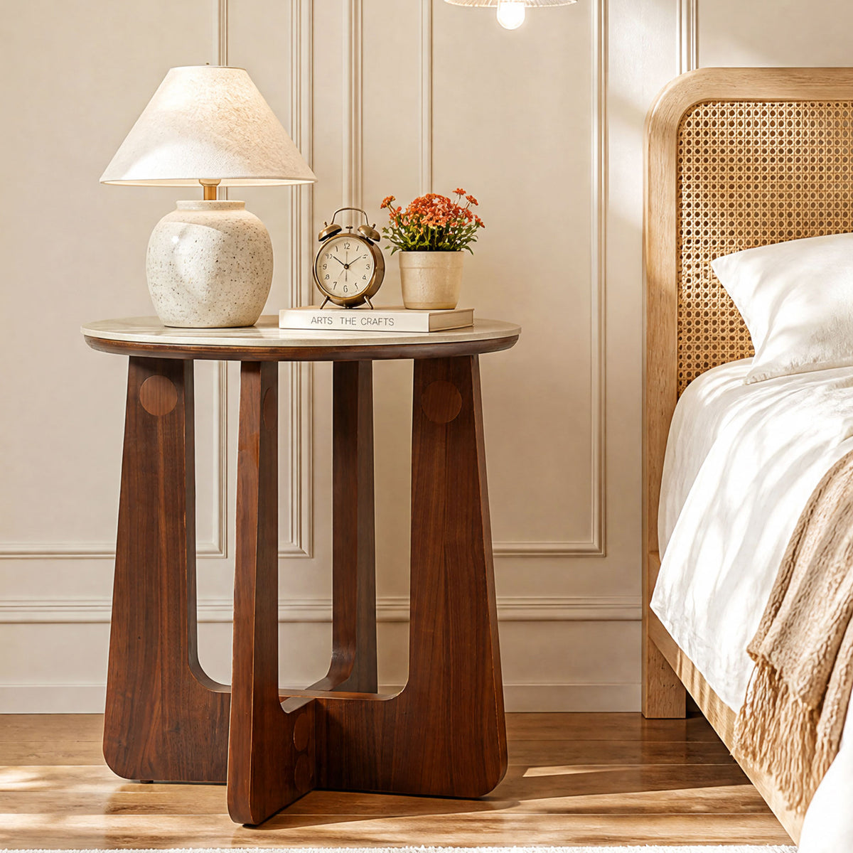 Round Sintered Stone Nightstand with Solid Wood Base, Mid-Century Modern Bedside Table