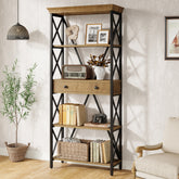 70.9" Bookshelf with Drawer, Industrial Bookcase with Open Shelf and Stable X Frame 3