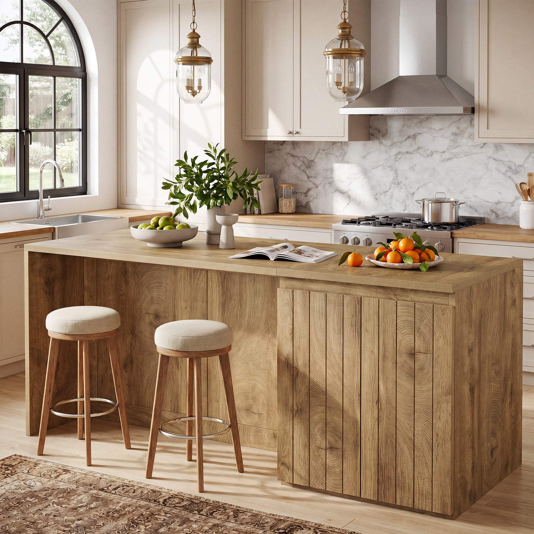 71" Counter Height Dining Table with Cabinet, Farmhouse Bar Table, Double Door Storage, Seats 6-8