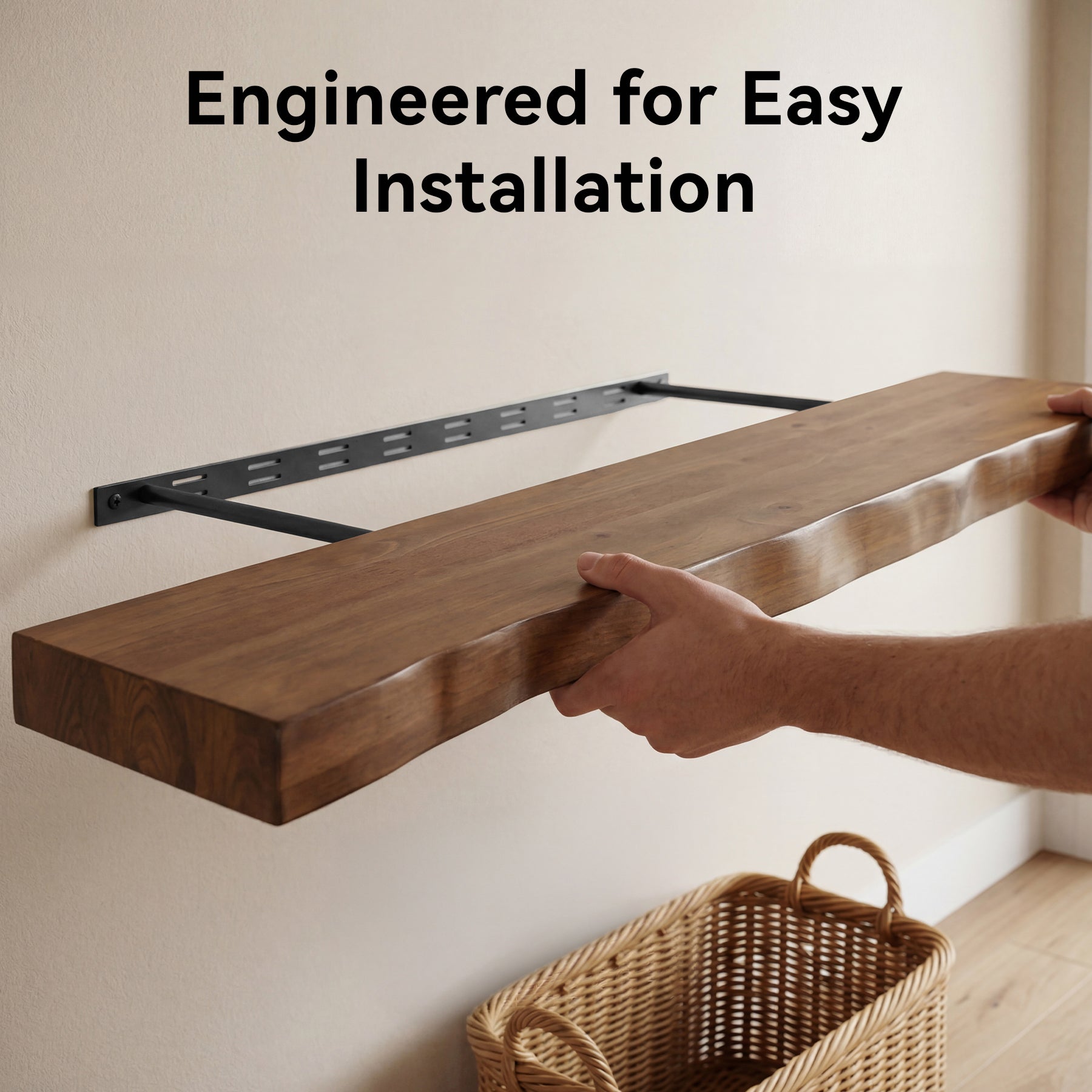 63" Solid Wood Floating Mantel Shelf with Live Edge, Rustic Fireplace Mantel & Wall Shelf for Living Room