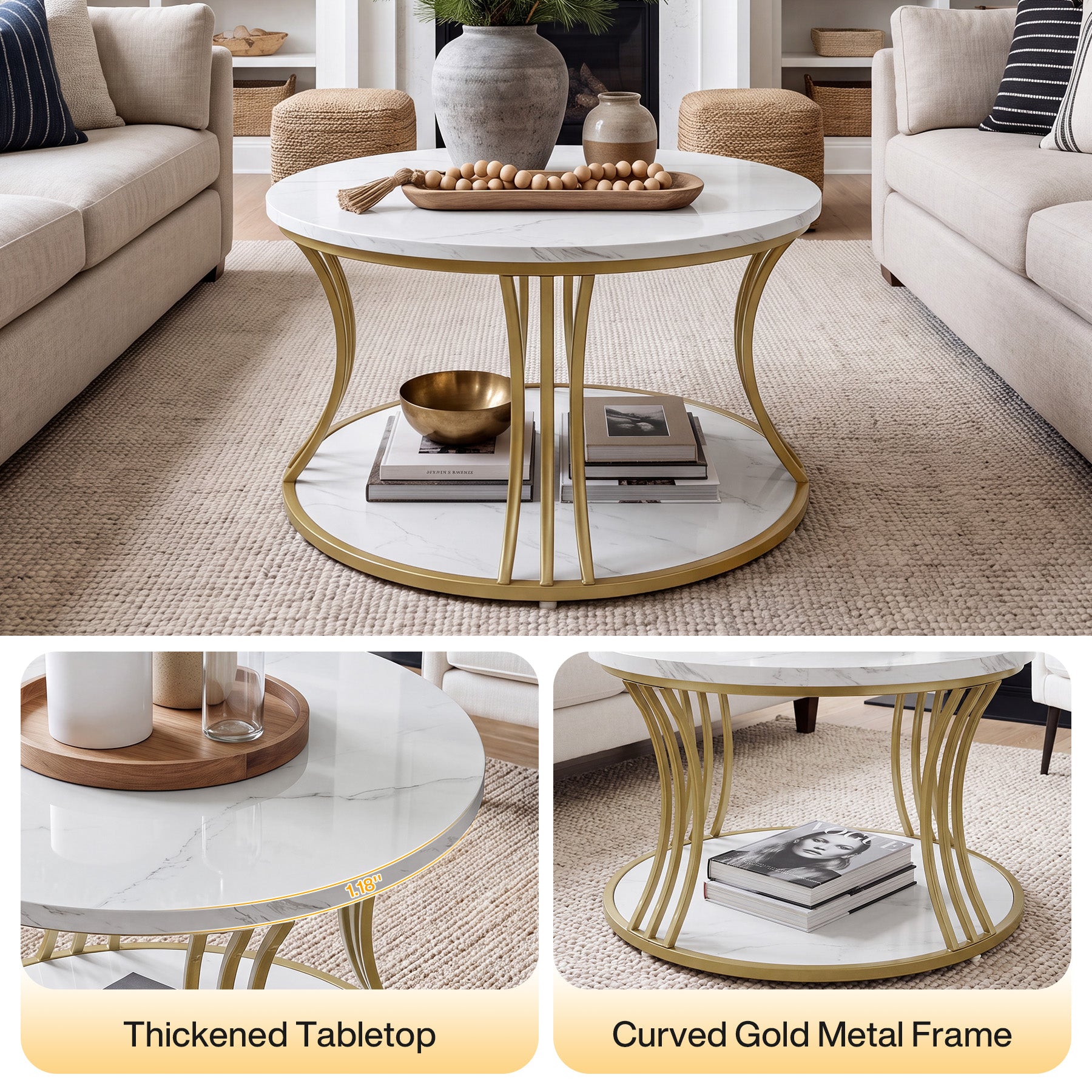 31.5" Round Coffee Table, 2-Tier Modern Faux Marble Center Cocktail Table