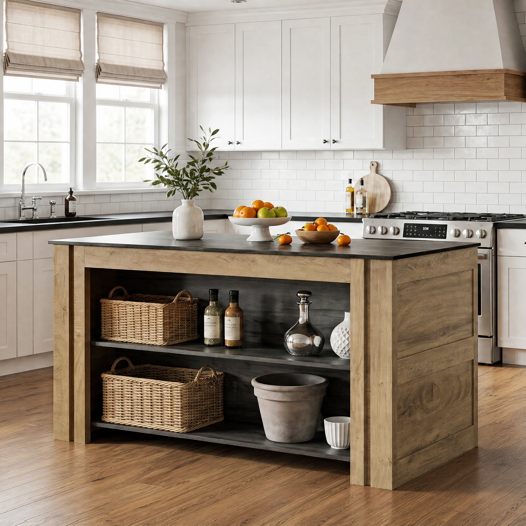 59" Kitchen Island, 3-Tier Farmhouse Coffee Bar Table with Large Worktop & Storage