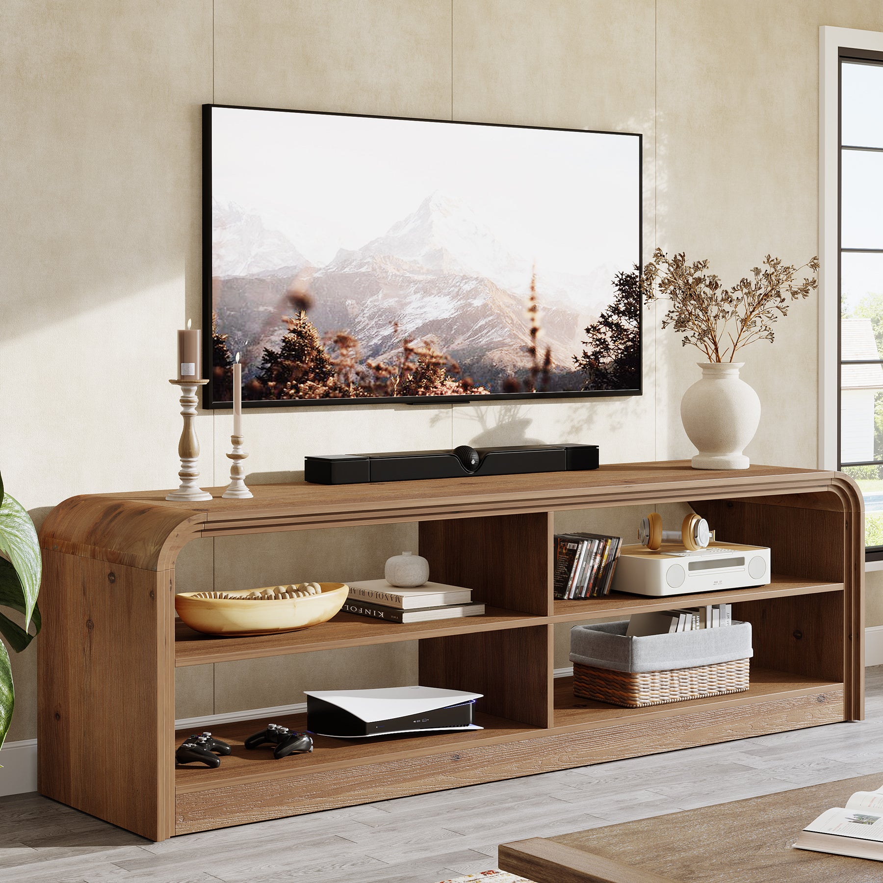 Solid Wood TV Stand, 63" TV Console Table with Storage for 55/60/65/75-Inch TVs