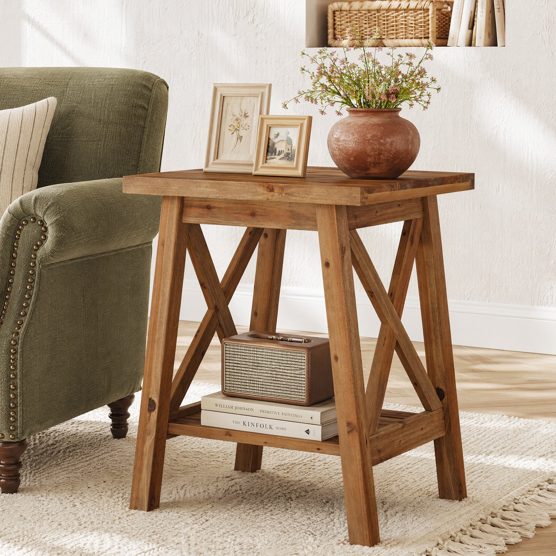2-Tier Solid Wood End Table, Farmhouse Square Side Table Nightstand