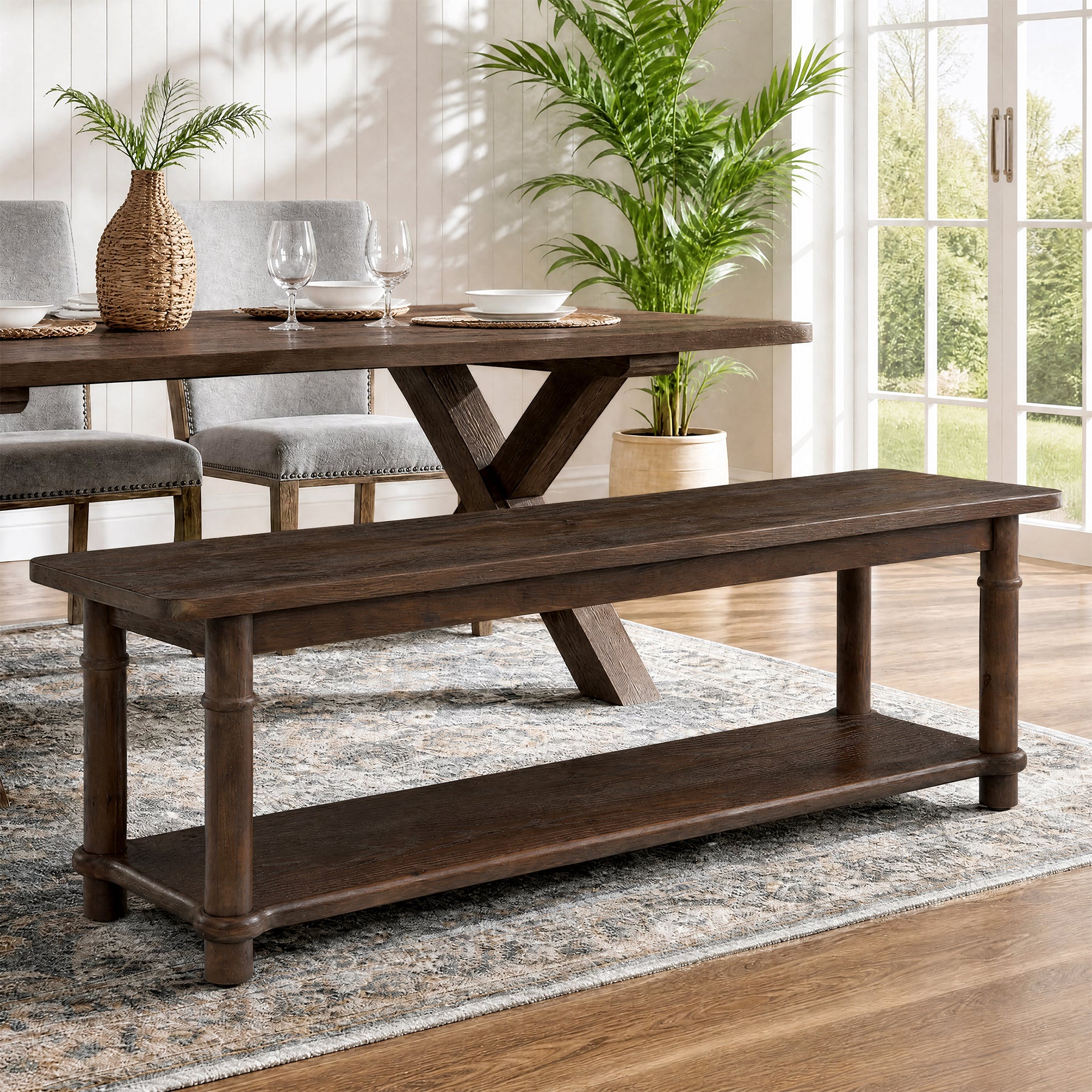 55" Farmhouse Dining Bench, Solid Wood 2-Tier, Kitchen Bench, Dining Room