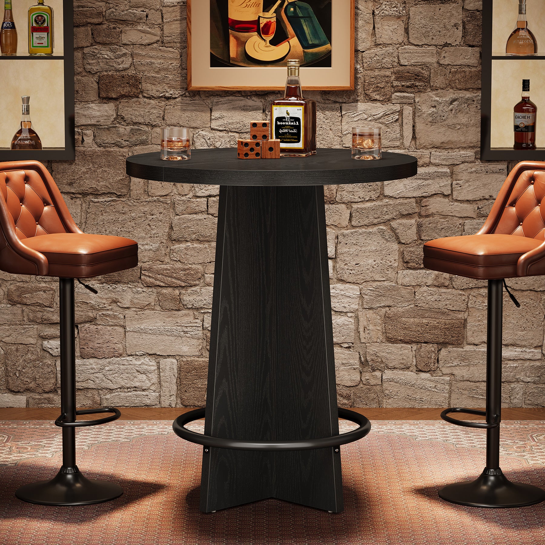 37.4" Bar Table, Wooden Bistro Pub Table with Metal Ring Footrest
