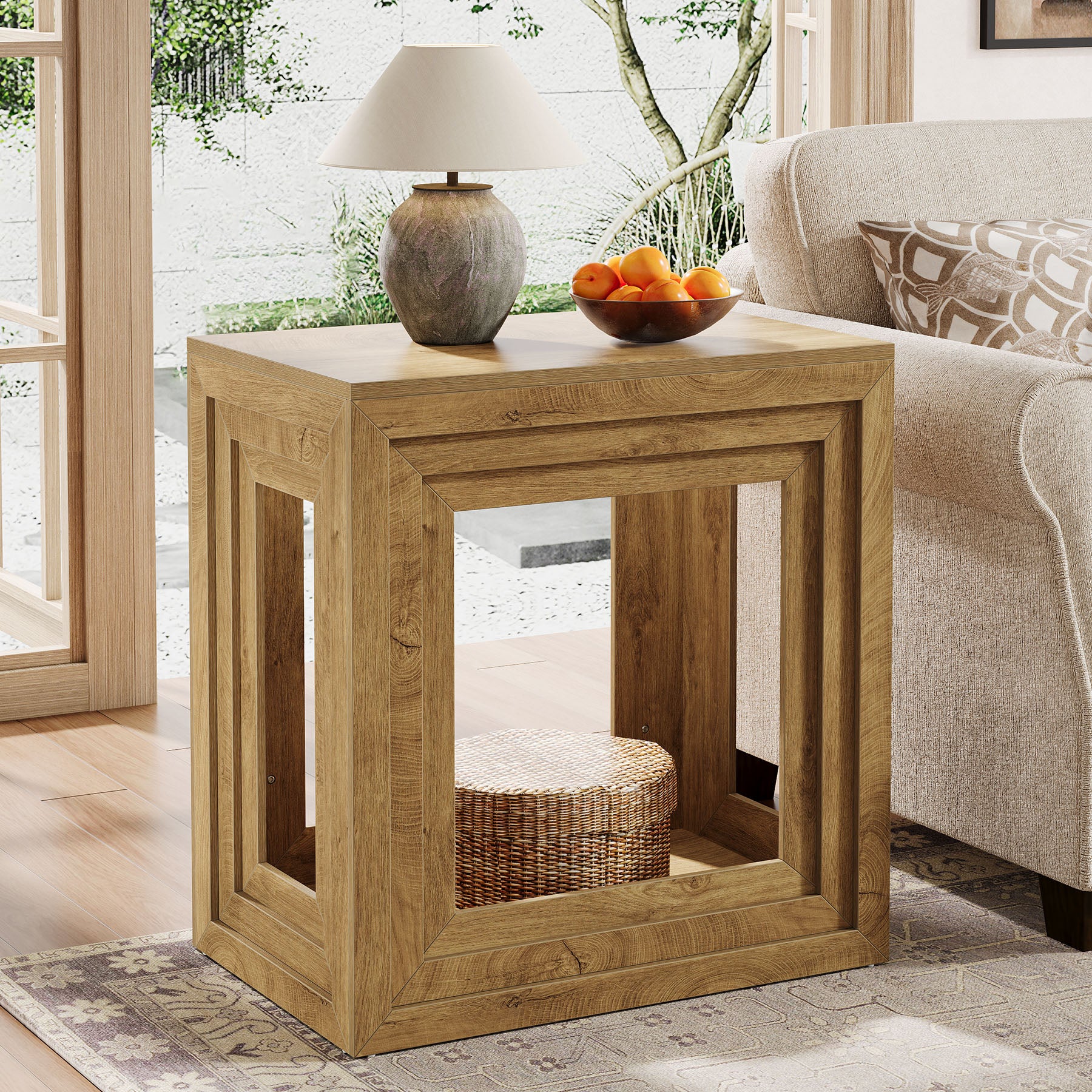 24” Square End Table, Farmhouse Side Table with 2-Tier Storage