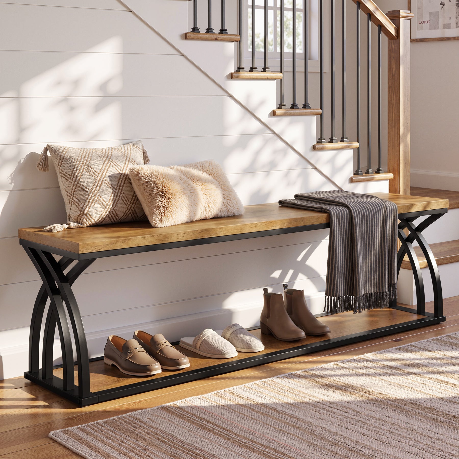 55" Industrial Entryway Bench with Shoe Storage, 2-Tier End of Bed Bench, Hallway