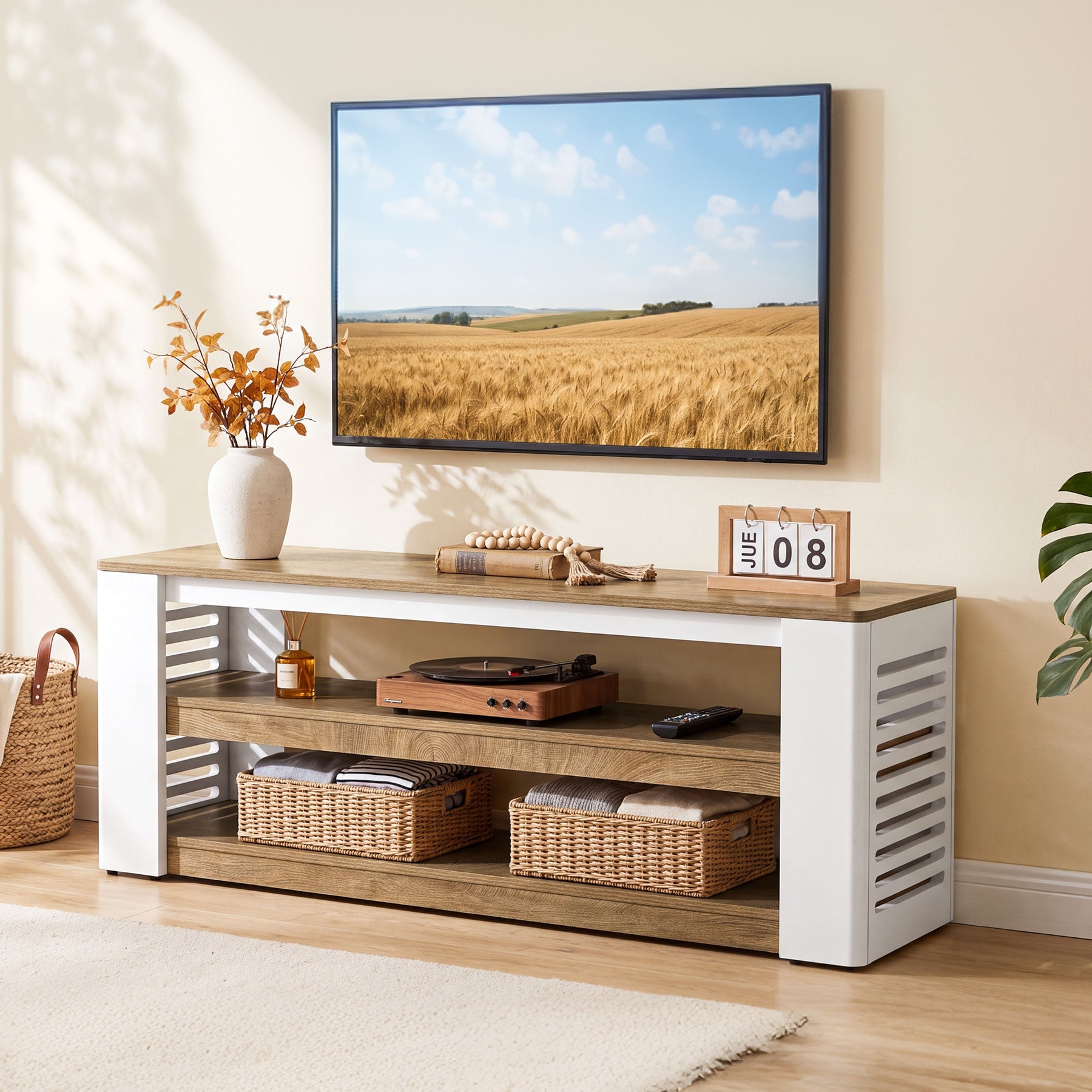 63" Farmhouse TV Stand, Entertainment Center with 3-Tier Storage Shelves for 75" TV