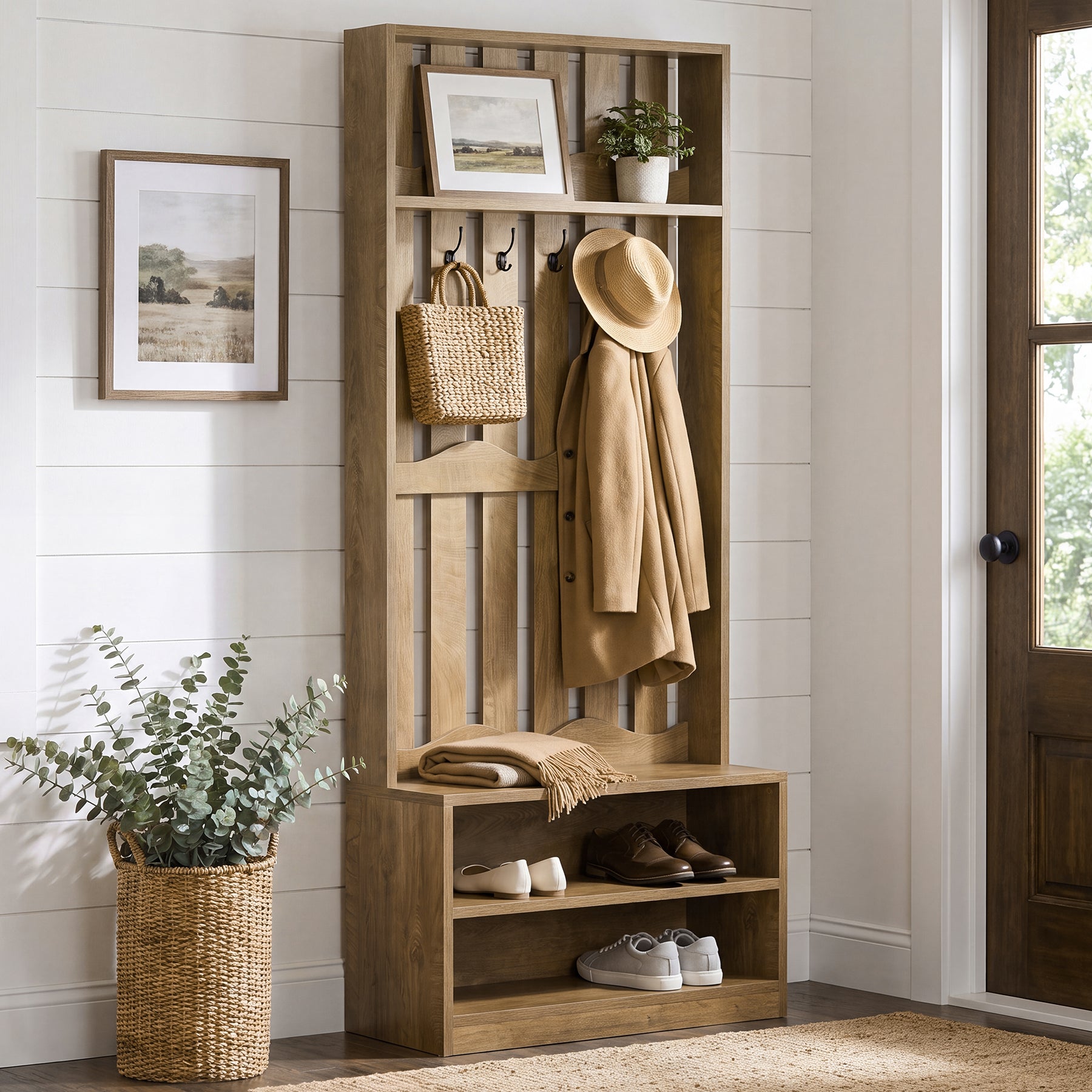 71.6" Tall Hall Tree, Farmhouse Entryway Storage with Bench & 4 Coat Hooks