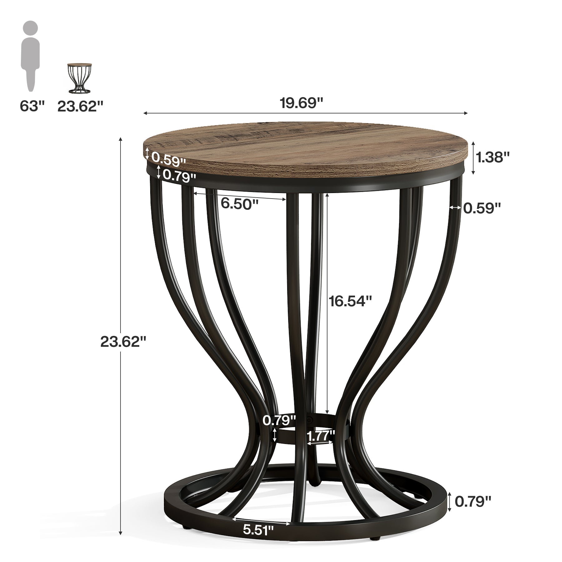 19.6" Round Side Table, Industrial End Table with Curved Metal Frame for Living Room