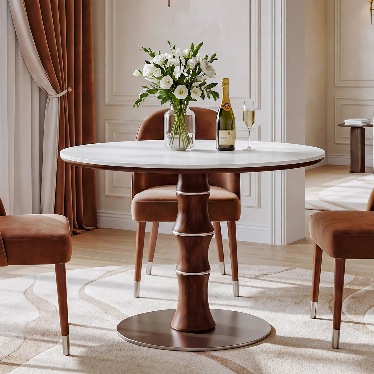 35" Round Sintered Stone Dining Table for 2-4, Rubberwood Pedestal